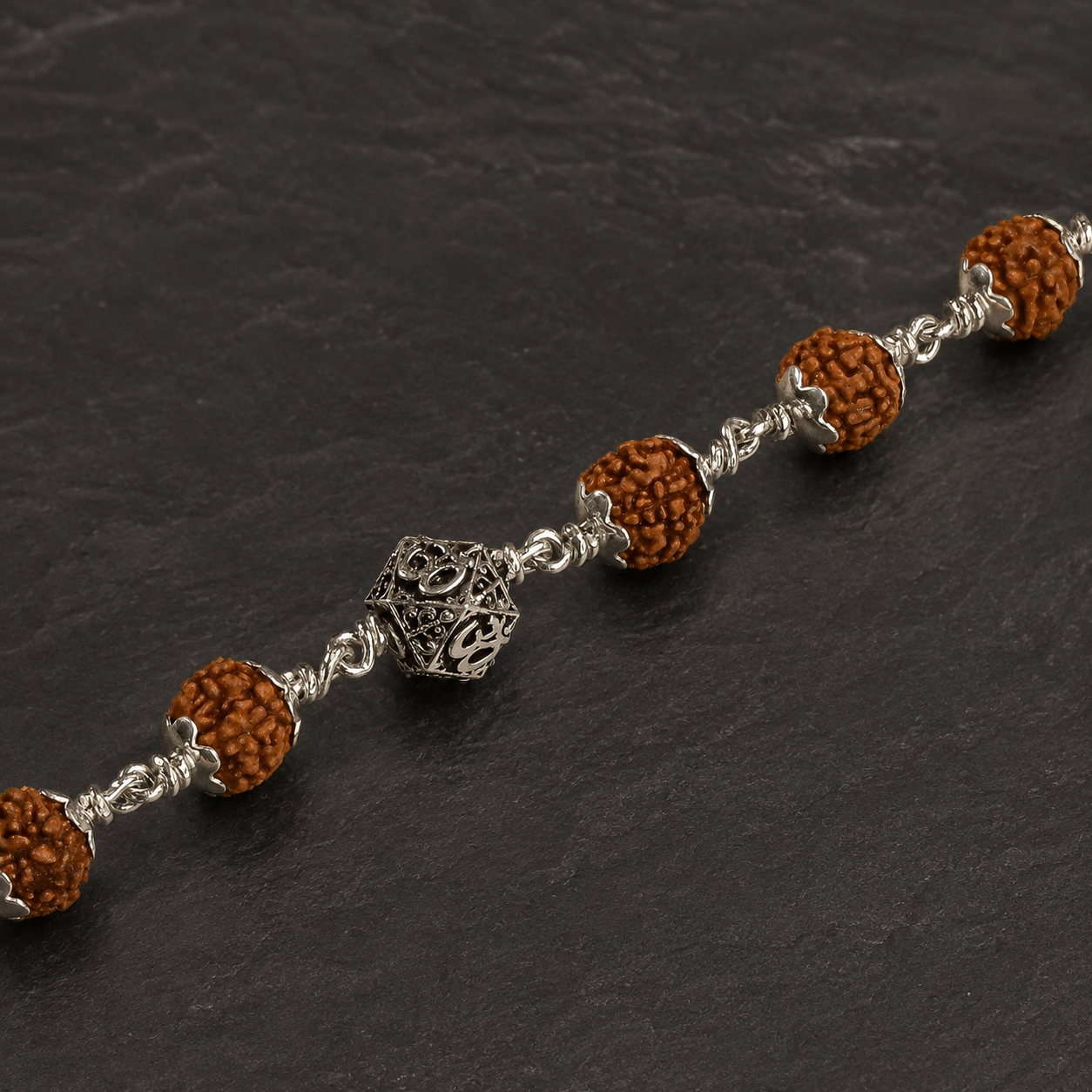 5 Mukhi Rudraksha bracelet with 925 silver Hexagon Om beads by Divine Roopam