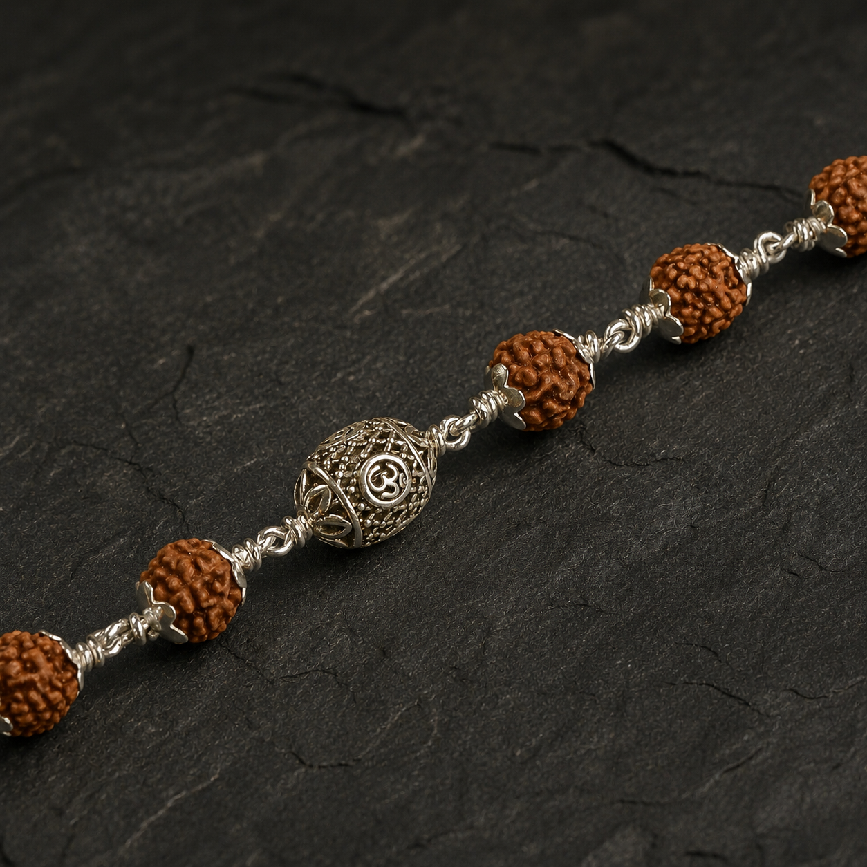 5 Mukhi Rudraksha bracelet with 925 silver Oval Om beads
