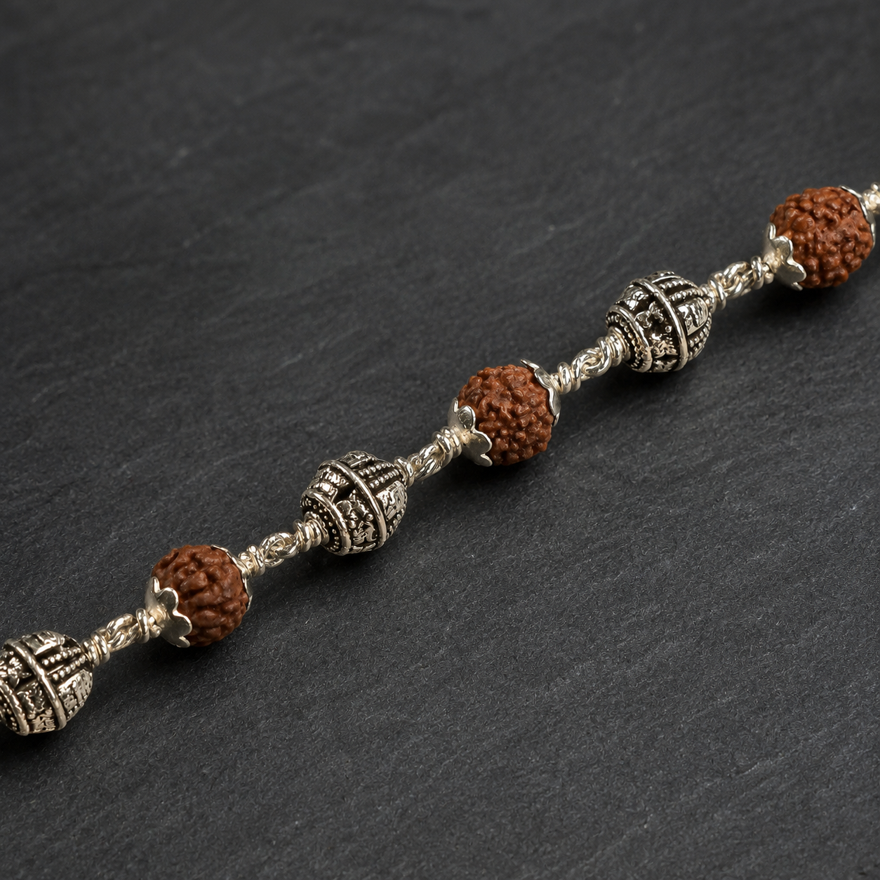 5 Mukhi Rudraksha bracelet with 925 silver Shivling beads