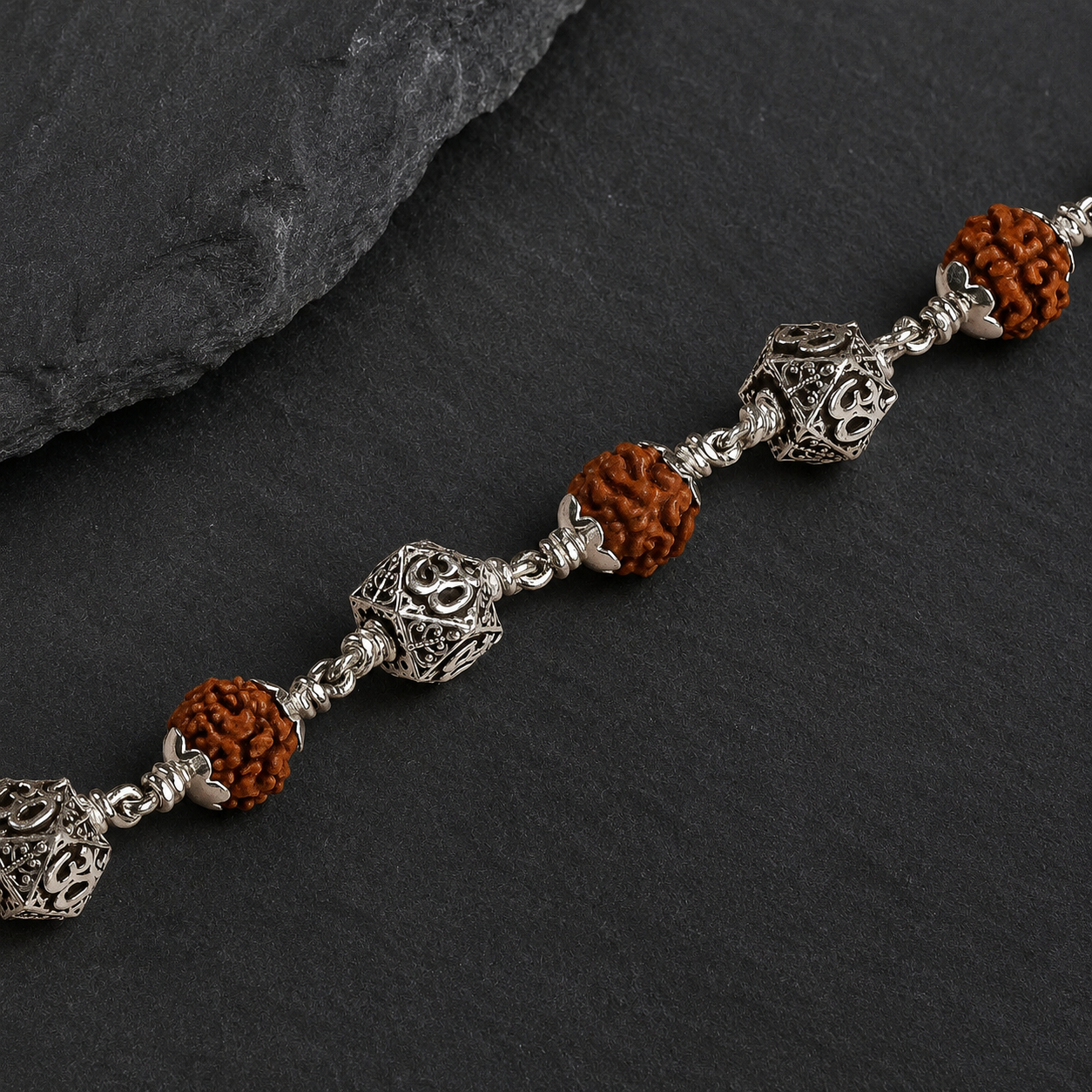 5 Mukhi Rudraksha bracelet with Hexagon Om 925 silver beads