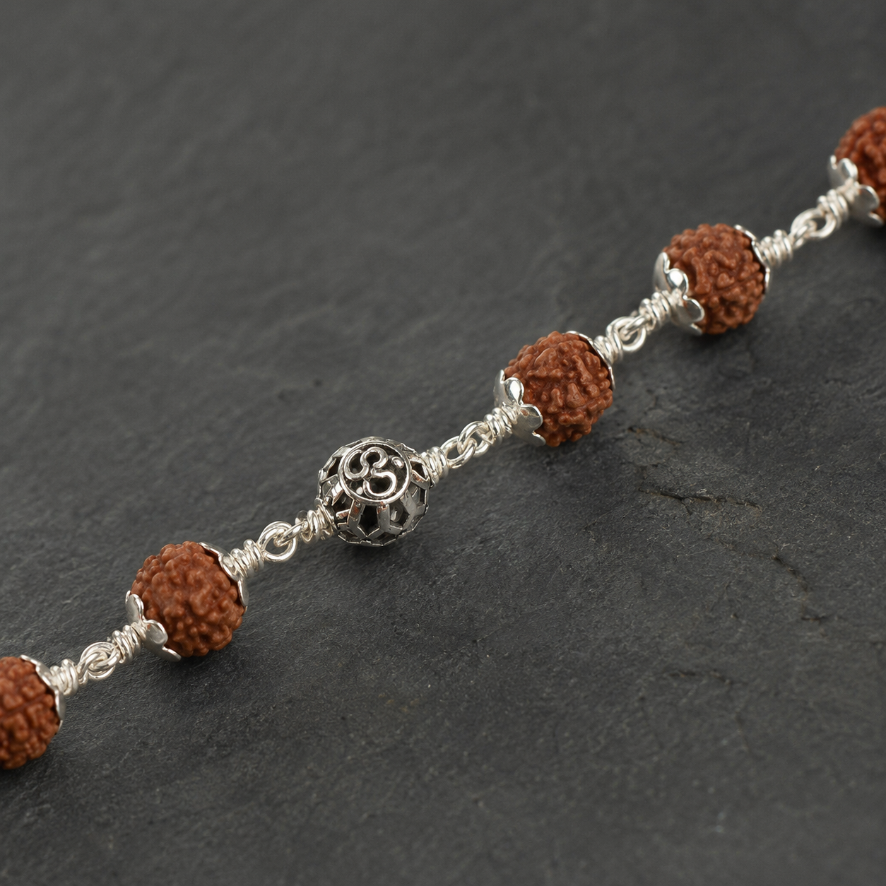 5 Mukhi Rudraksha bracelet with Round Om 925 silver beads