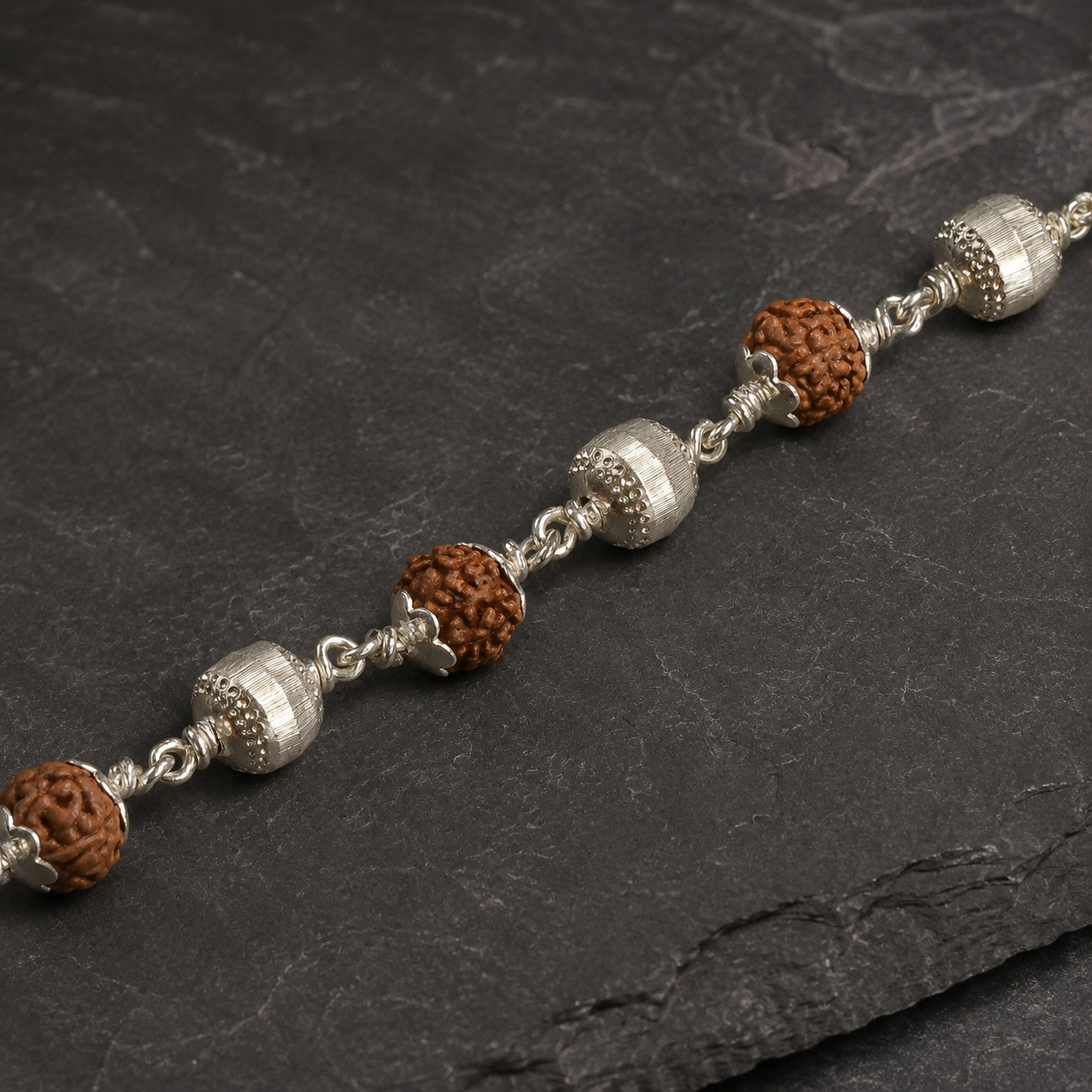 5 Mukhi Rudraksha bracelet with cylindrical 925 silver CNC beads