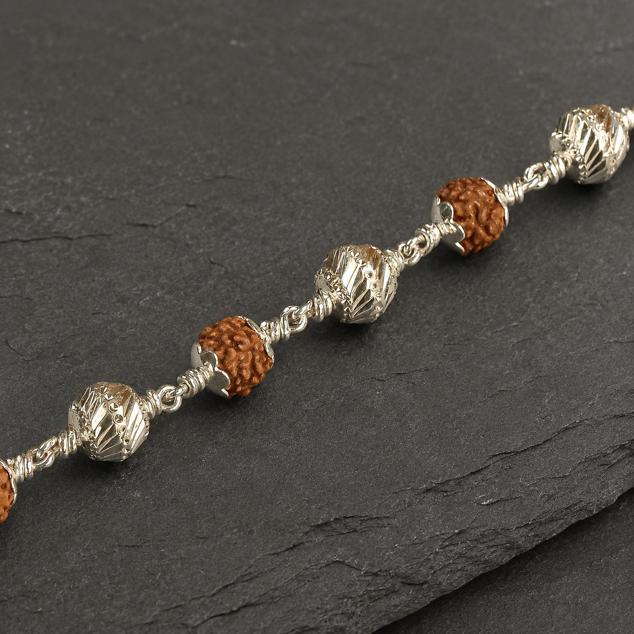 5 Mukhi Rudraksha bracelet with faceted 925 silver CNC beads
