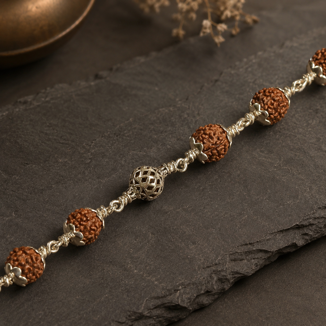 5 Mukhi Rudraksha bracelet with hollow mesh 925 silver beads