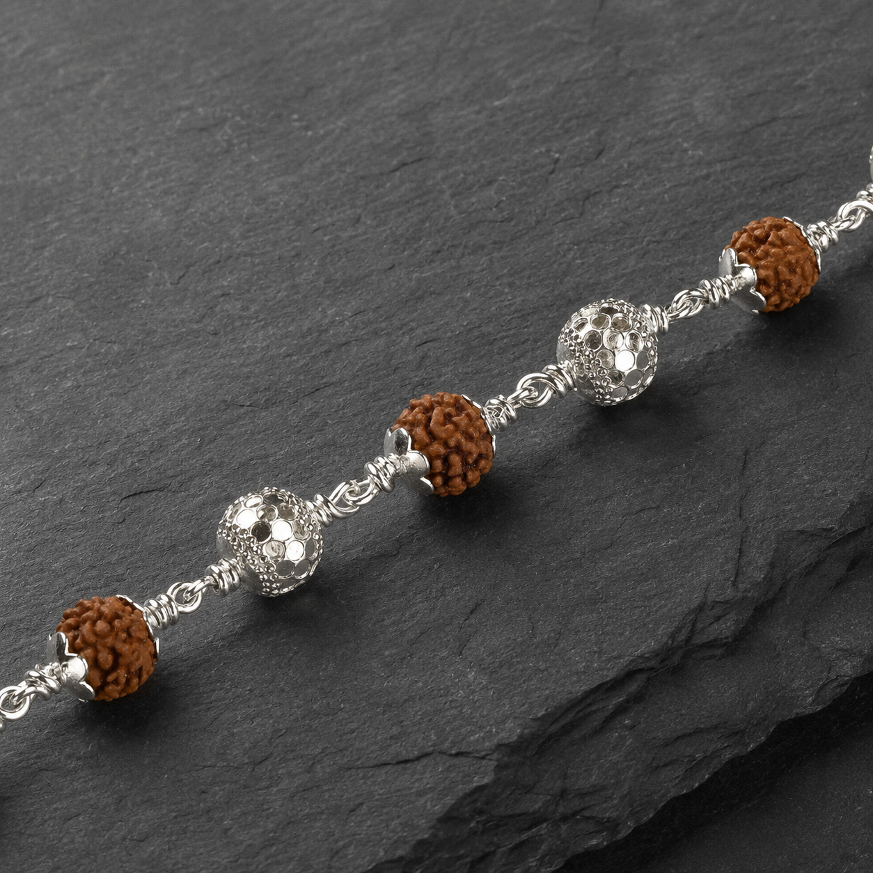 5 Mukhi Rudraksha bracelet with textured 925 silver CNC beads