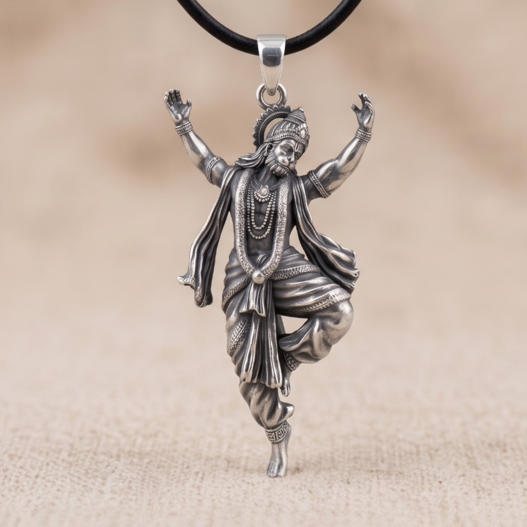 925 silver Dancing Hanumanji pendant front view