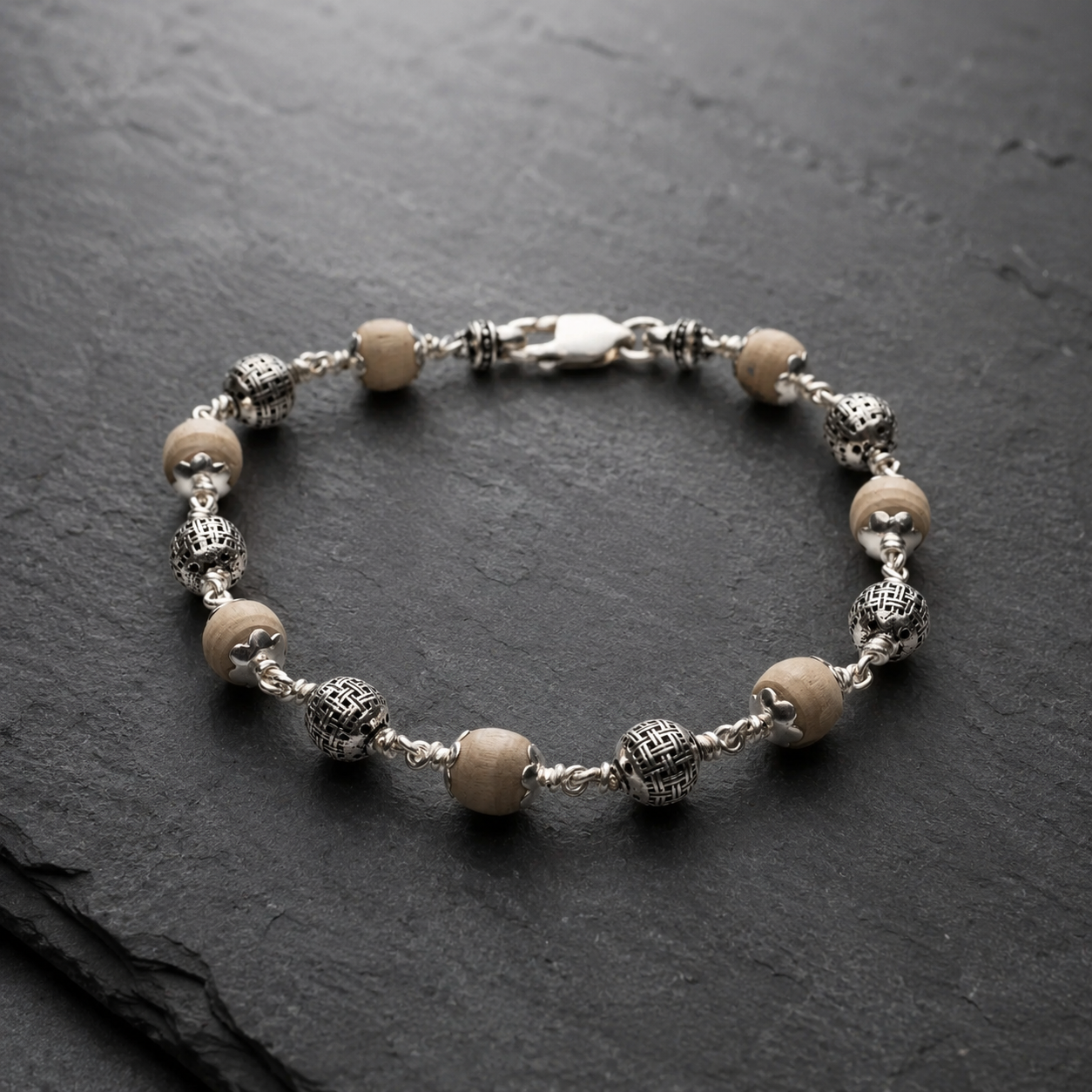 Angled Tulsi bracelet showing detailed 925 silver beadwork