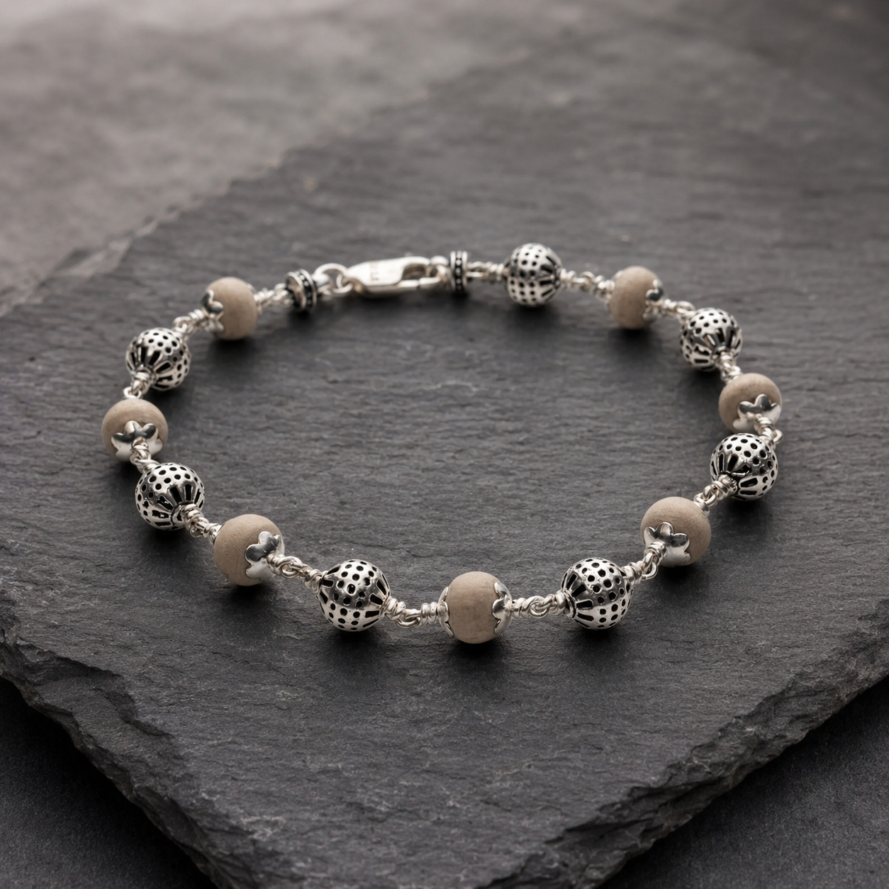Angled Tulsi bracelet showing handcrafted 925 silver beadwork