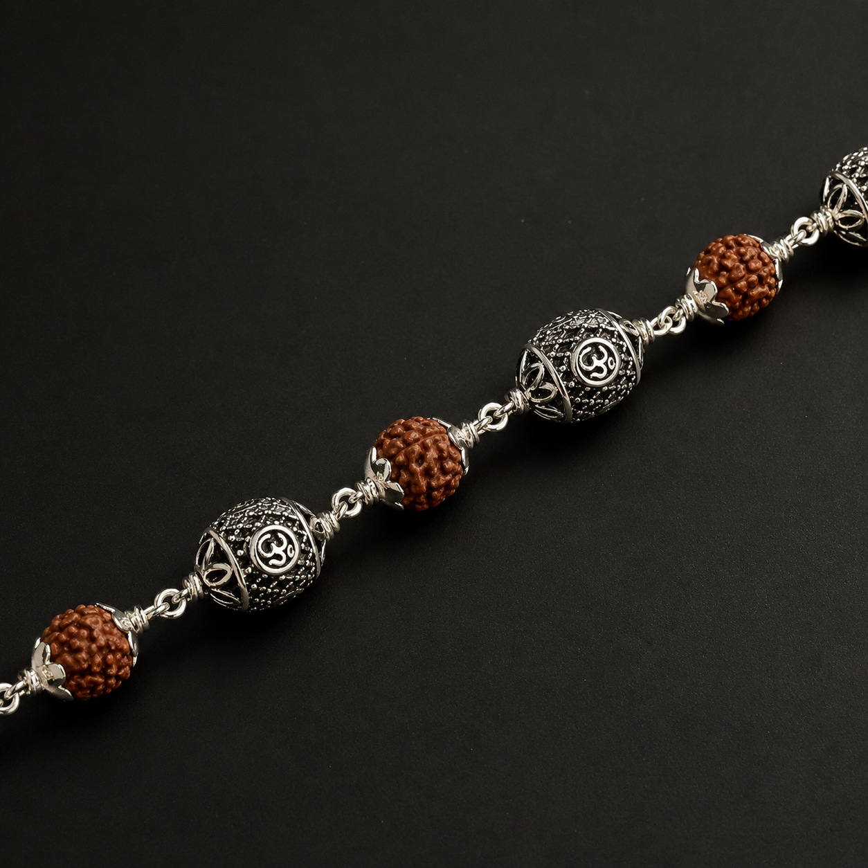 5 Mukhi Rudraksha Bracelet with 925 Silver Om Beads