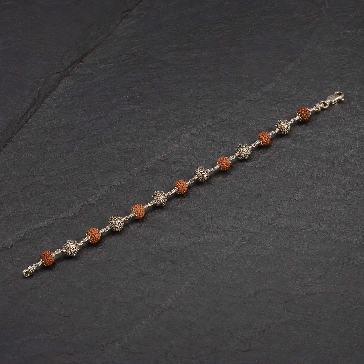 Full view of Rudraksha and geometric Om silver bead bracelet