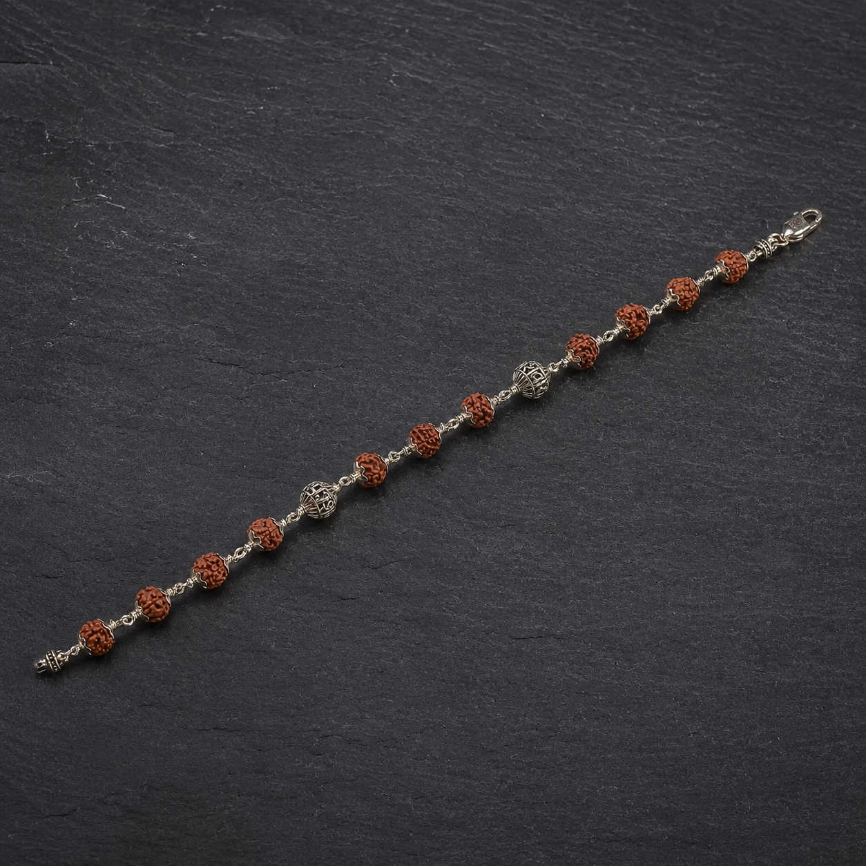 Full view of natural Rudraksha and Shiva mantra silver bracelet