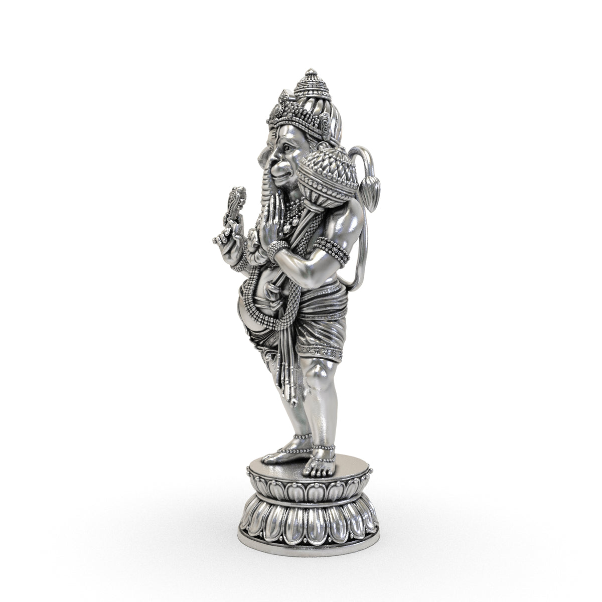 Detailed 3D Aadyanta Prabhu Silver Murti combining Ganesh and Hanuman with an ornate crown, traditional jewellery and lotus pedestal.