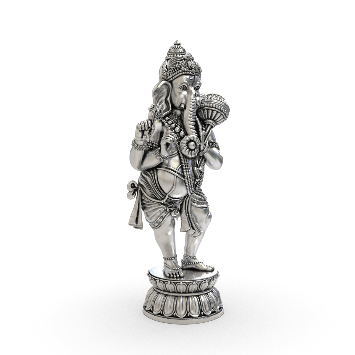 Aadhyantha Prabhu 925 Silver Idol showing detailed traditional ornaments sculpted arms flowing garments and three-dimensional craftsmanship.