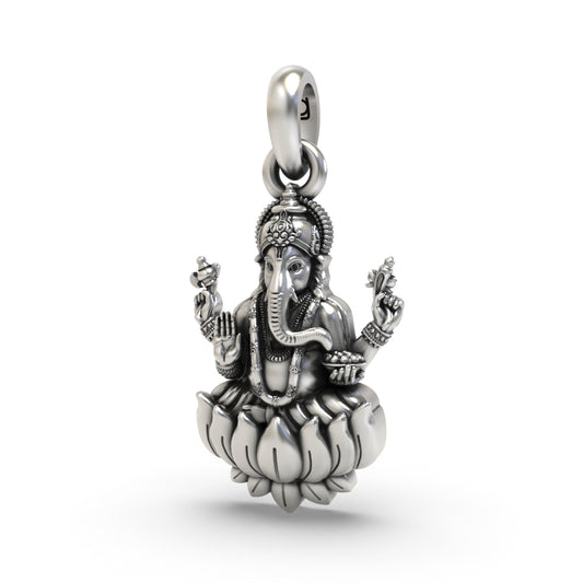 Lord Ganesha Sitting On Lotus Silver Pendant