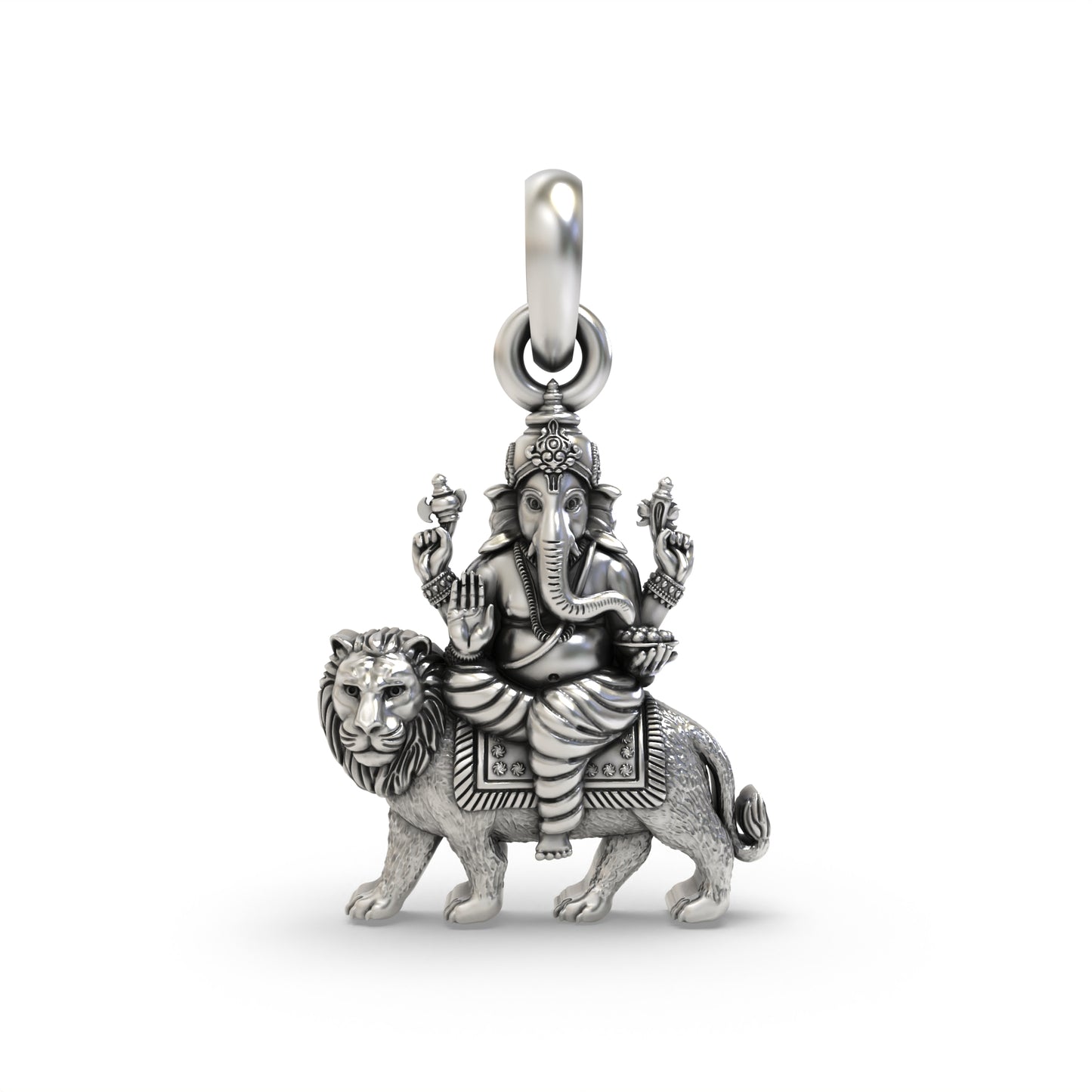 Silver Heramba Ganesha Seated on Lion Pendant