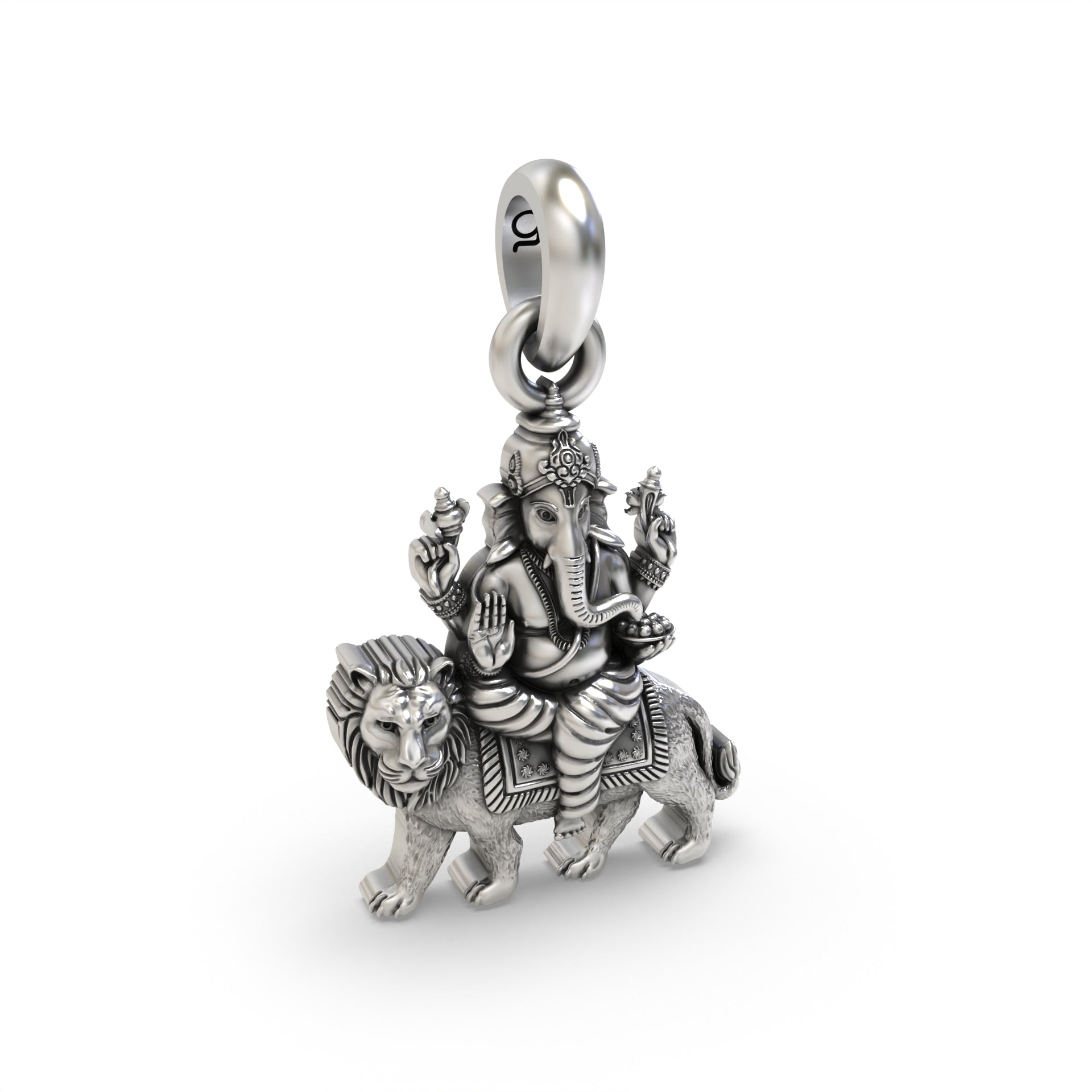 Silver Heramba Ganesha Seated on Lion Pendant