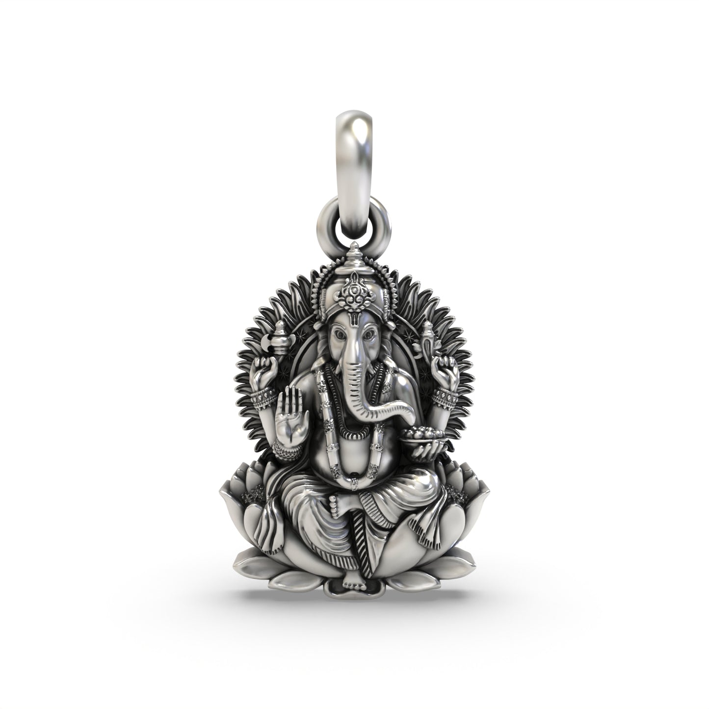 Silver Lord Ganesha On Lotus Pendant