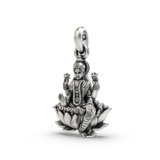 Sitting Laxmiji on Lotus Silver Pendant