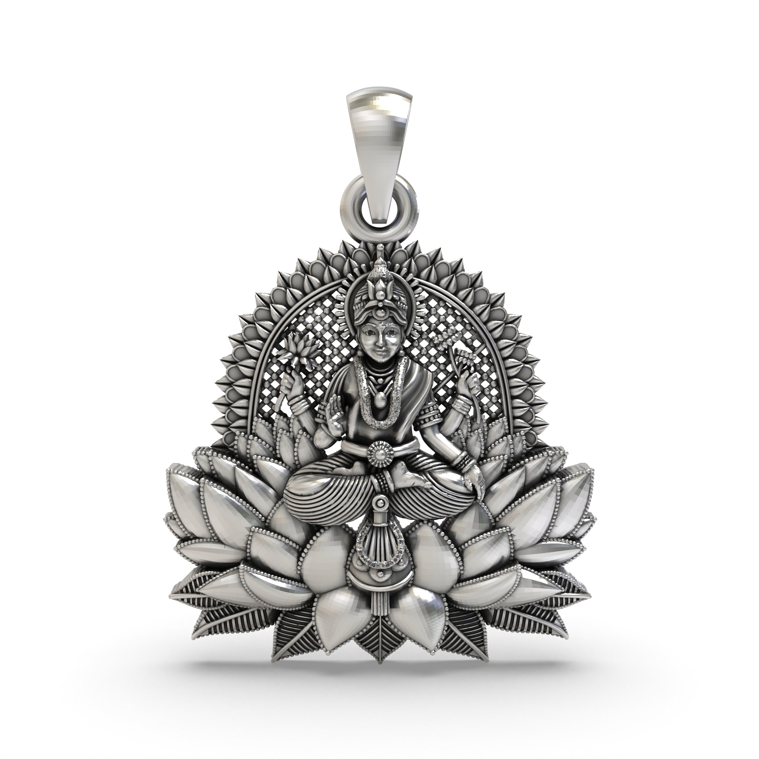 Lakshmi Maa Lotus Pendant in 925 Silver | Hindu Goddess of Wealth & Prosperity | Handmade Spiritual Jewelry