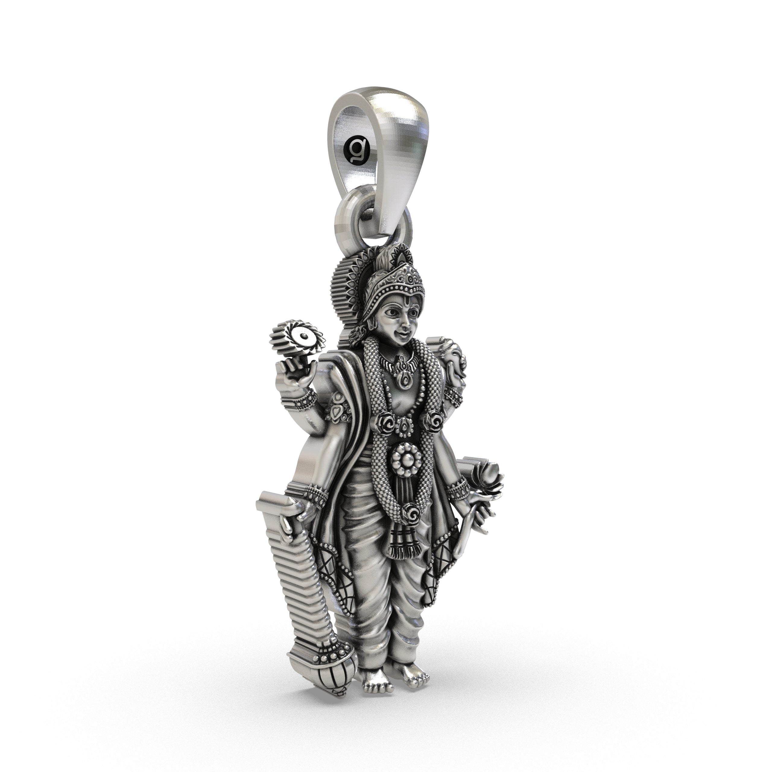 925 Sterling Silver Lord Vishnu Pendant – Four-Armed Narayana Idol with Shankh, Chakra, Gada & Lotus
