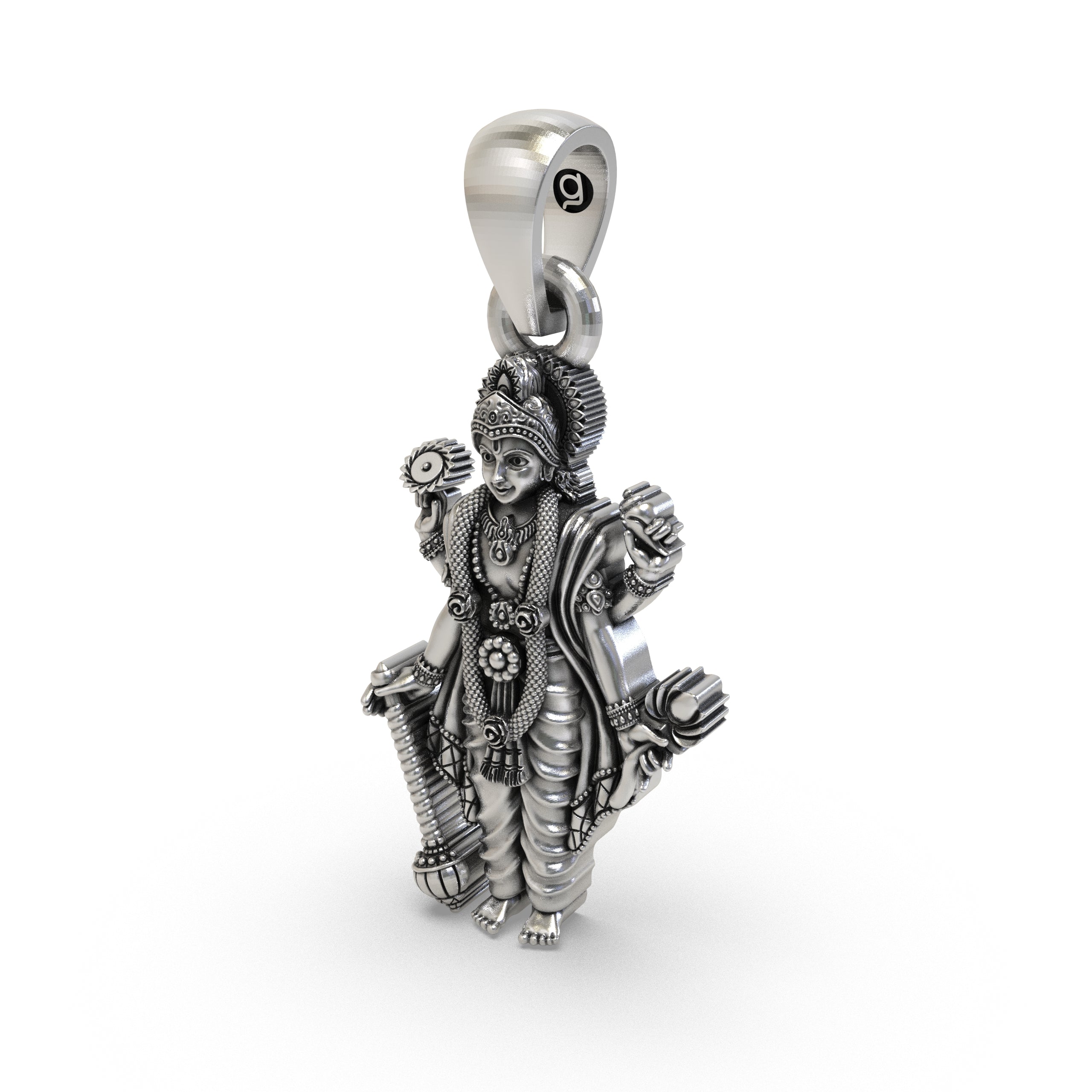 925 Sterling Silver Lord Vishnu Pendant – Four-Armed Narayana Idol with Shankh, Chakra, Gada & Lotus