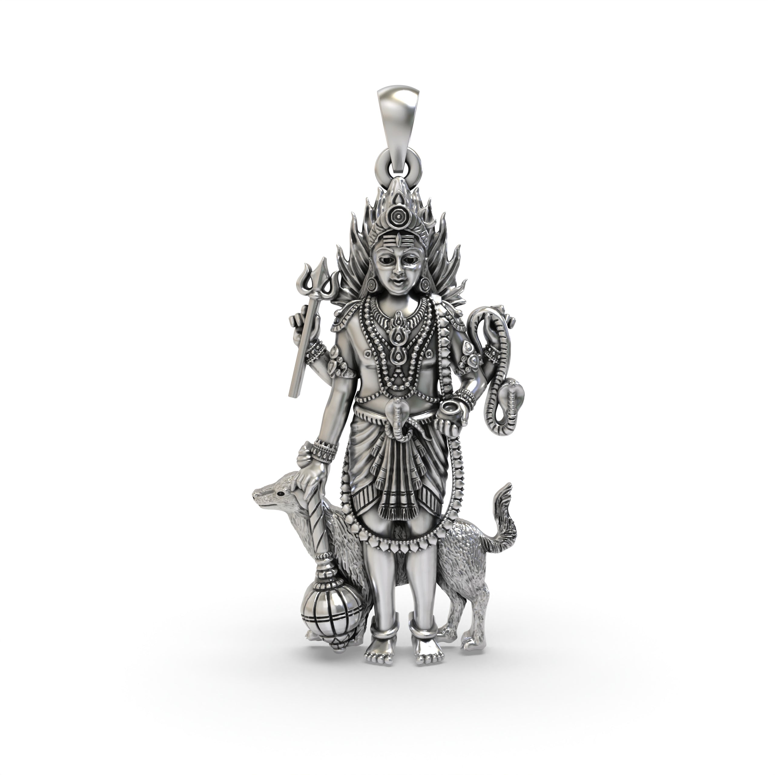 925 Sterling Silver Lord Bhairava Pendant – Kala Bhairav Idol with Trishul, Dog & Damaru