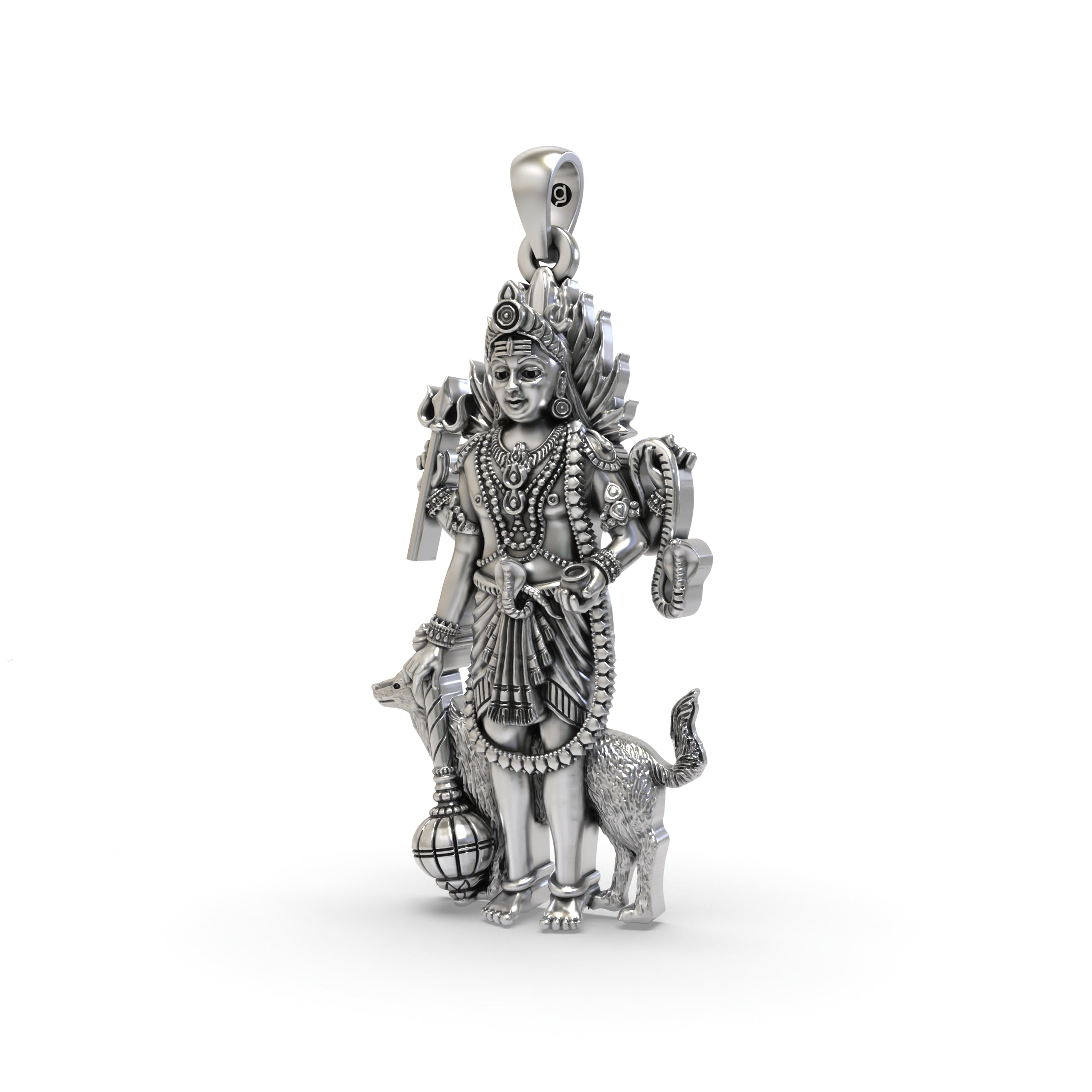 925 Sterling Silver Lord Bhairava Pendant – Kala Bhairav Idol with Trishul, Dog & Damaru