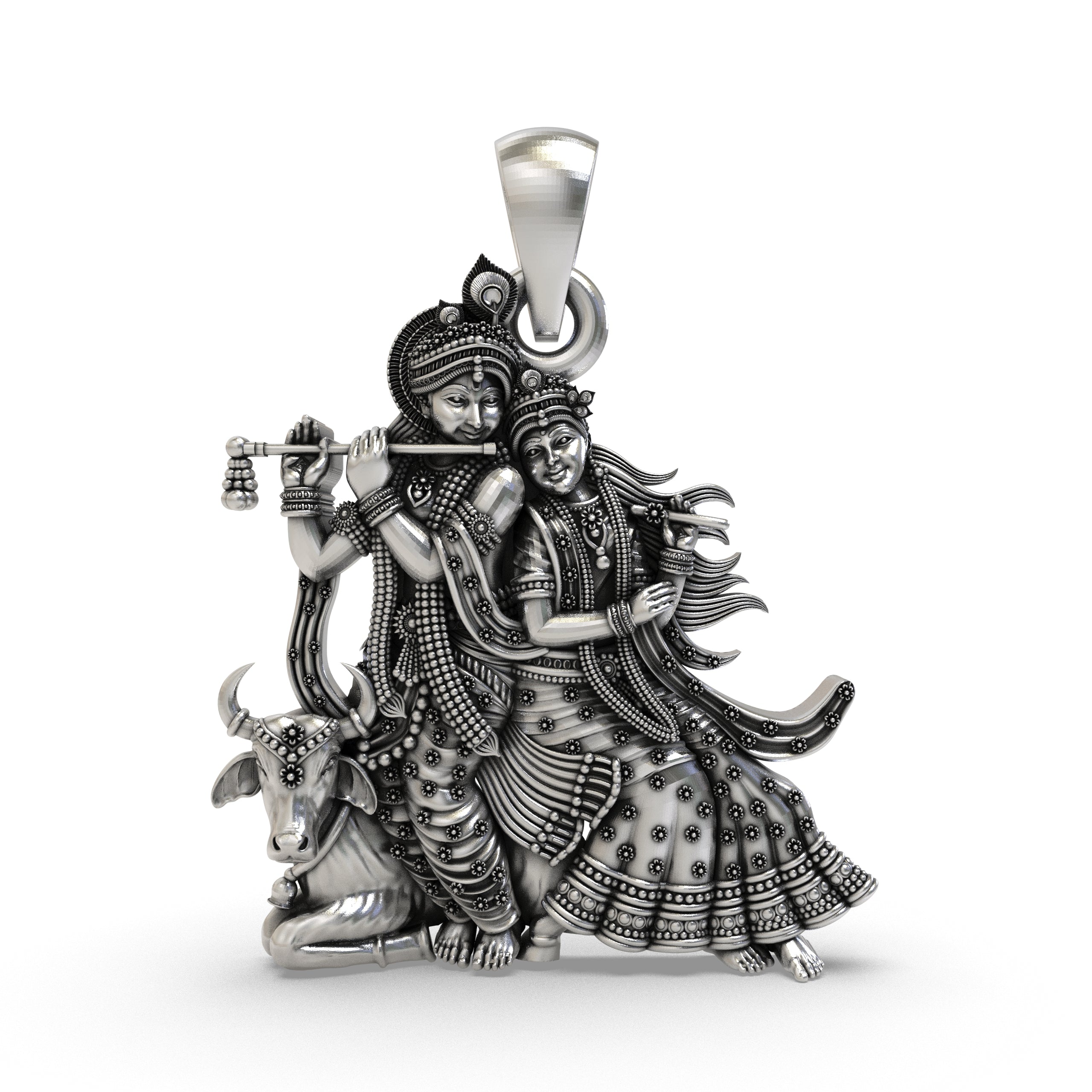 Radha Krishna with Cow Pendant in 925 Sterling Silver | Divine Love & Devotional Jewelry | Handmade Hindu God Pendant