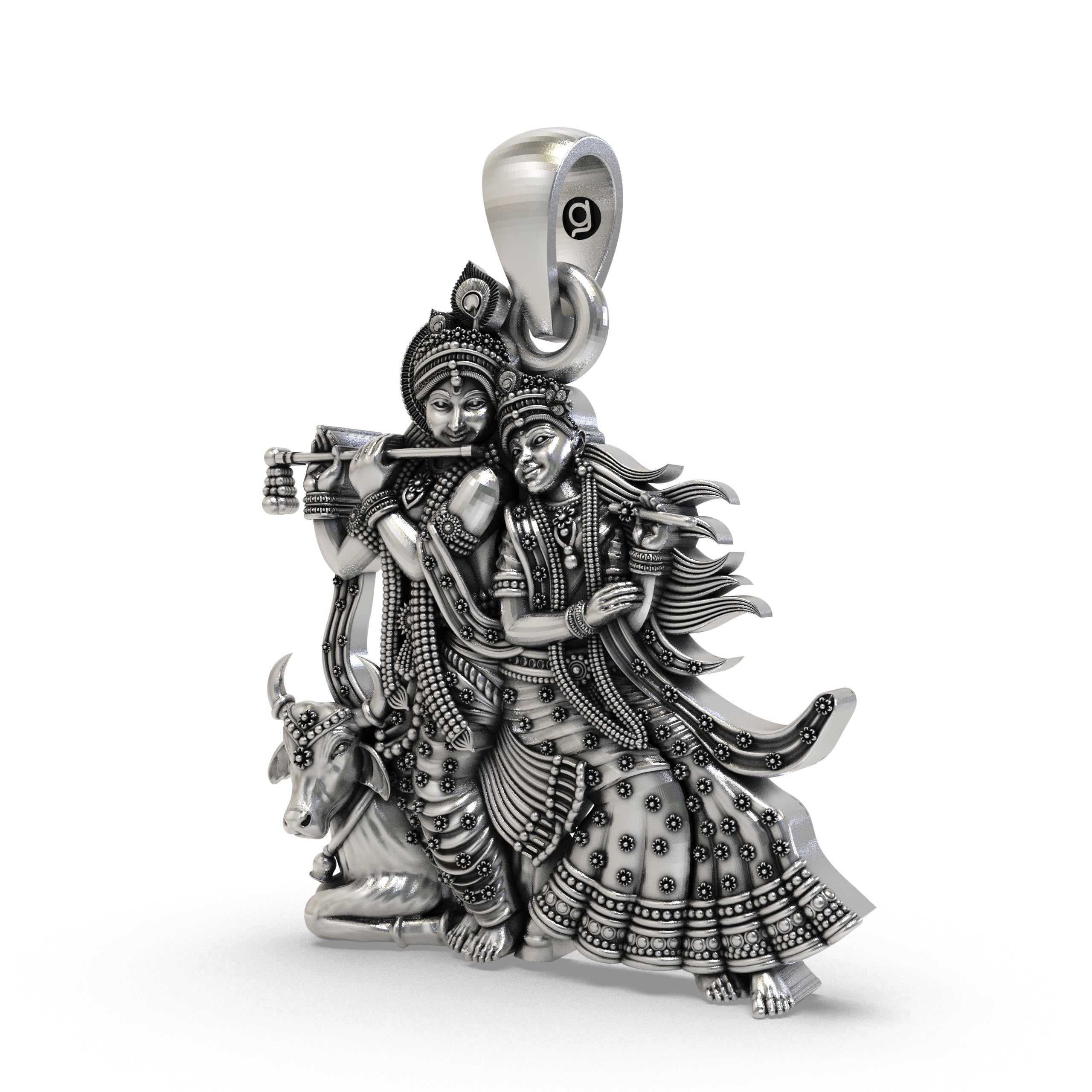 Radha Krishna with Cow Pendant in 925 Sterling Silver | Divine Love & Devotional Jewelry | Handmade Hindu God Pendant