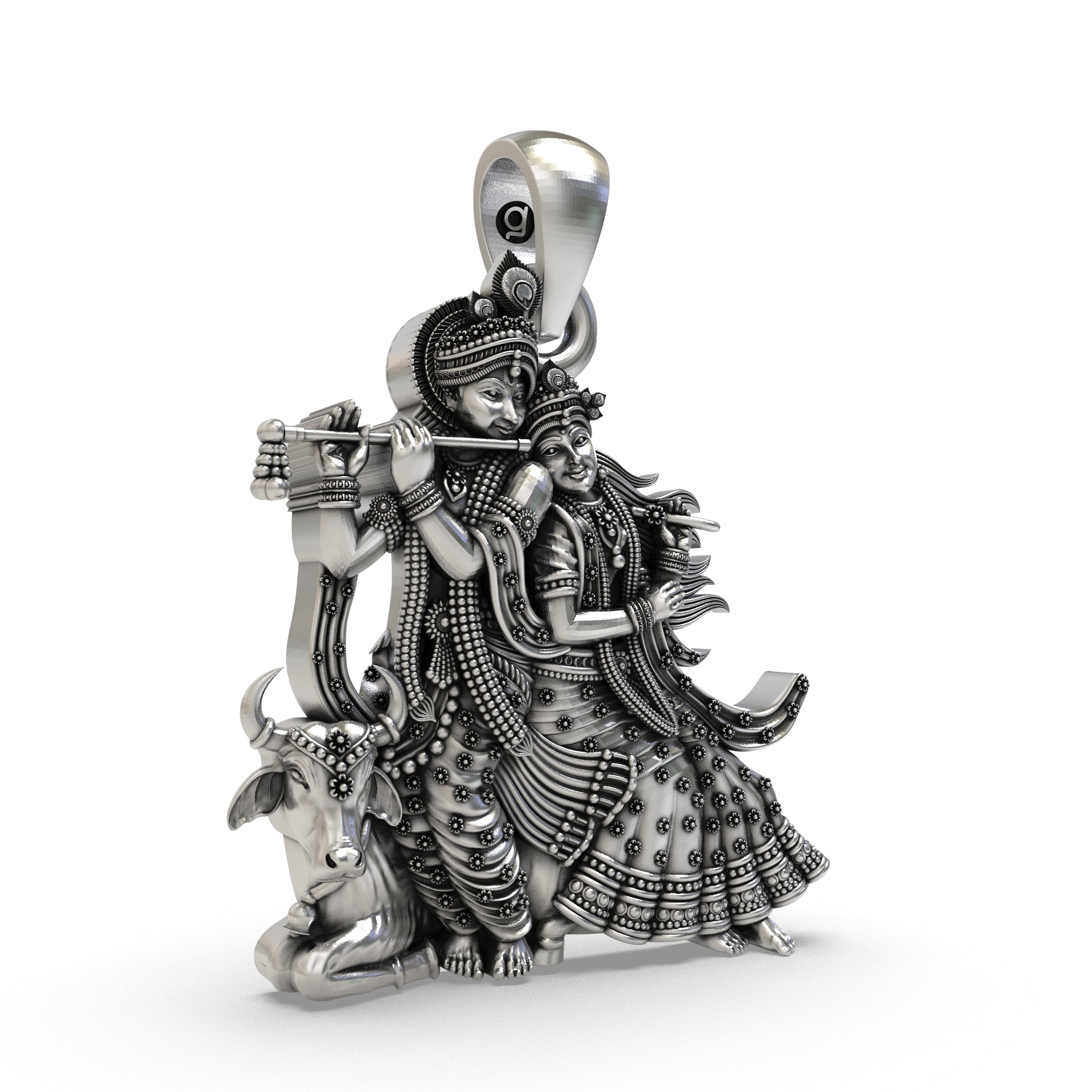 Radha Krishna with Cow Pendant in 925 Sterling Silver | Divine Love & Devotional Jewelry | Handmade Hindu God Pendant