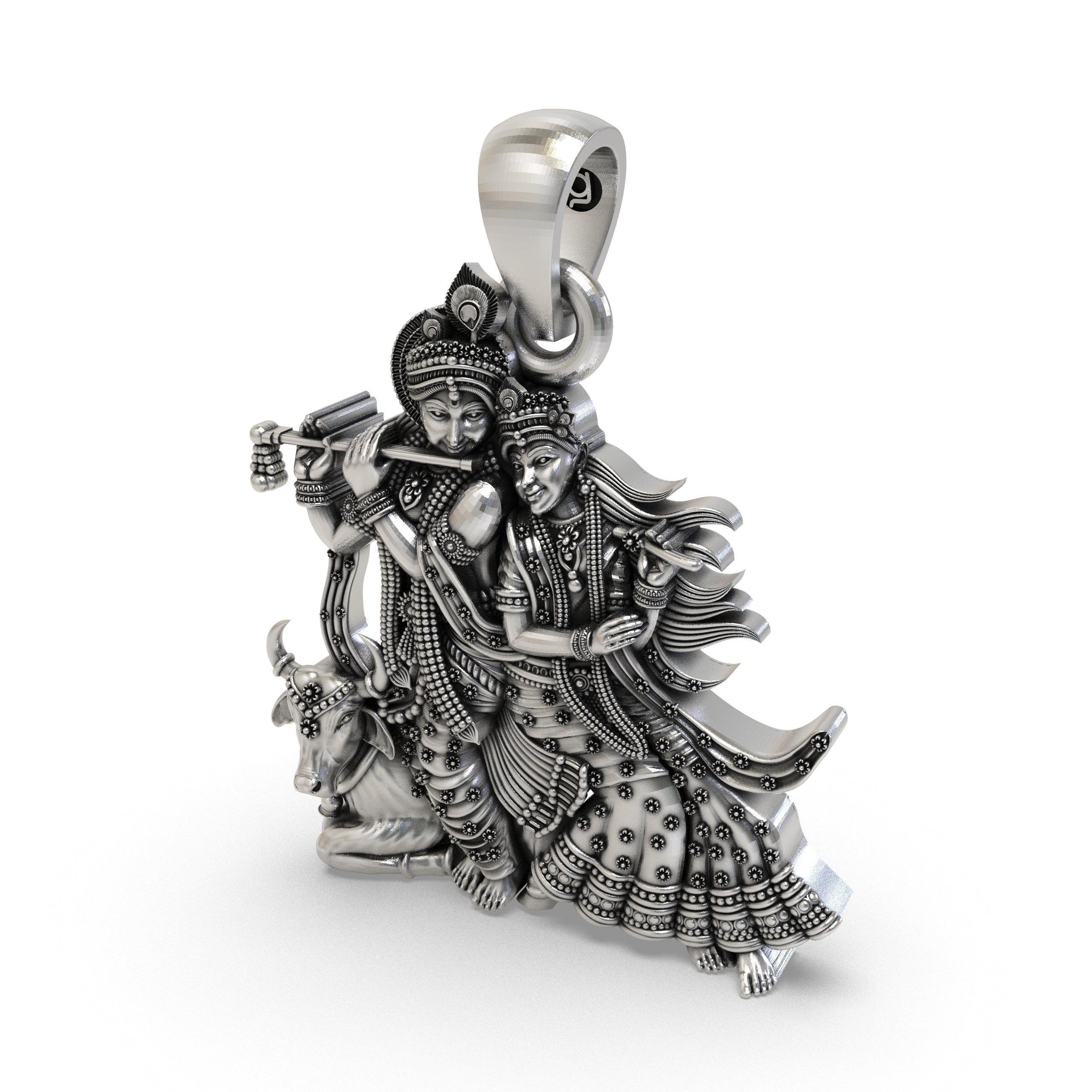 Radha Krishna with Cow Pendant in 925 Sterling Silver | Divine Love & Devotional Jewelry | Handmade Hindu God Pendant