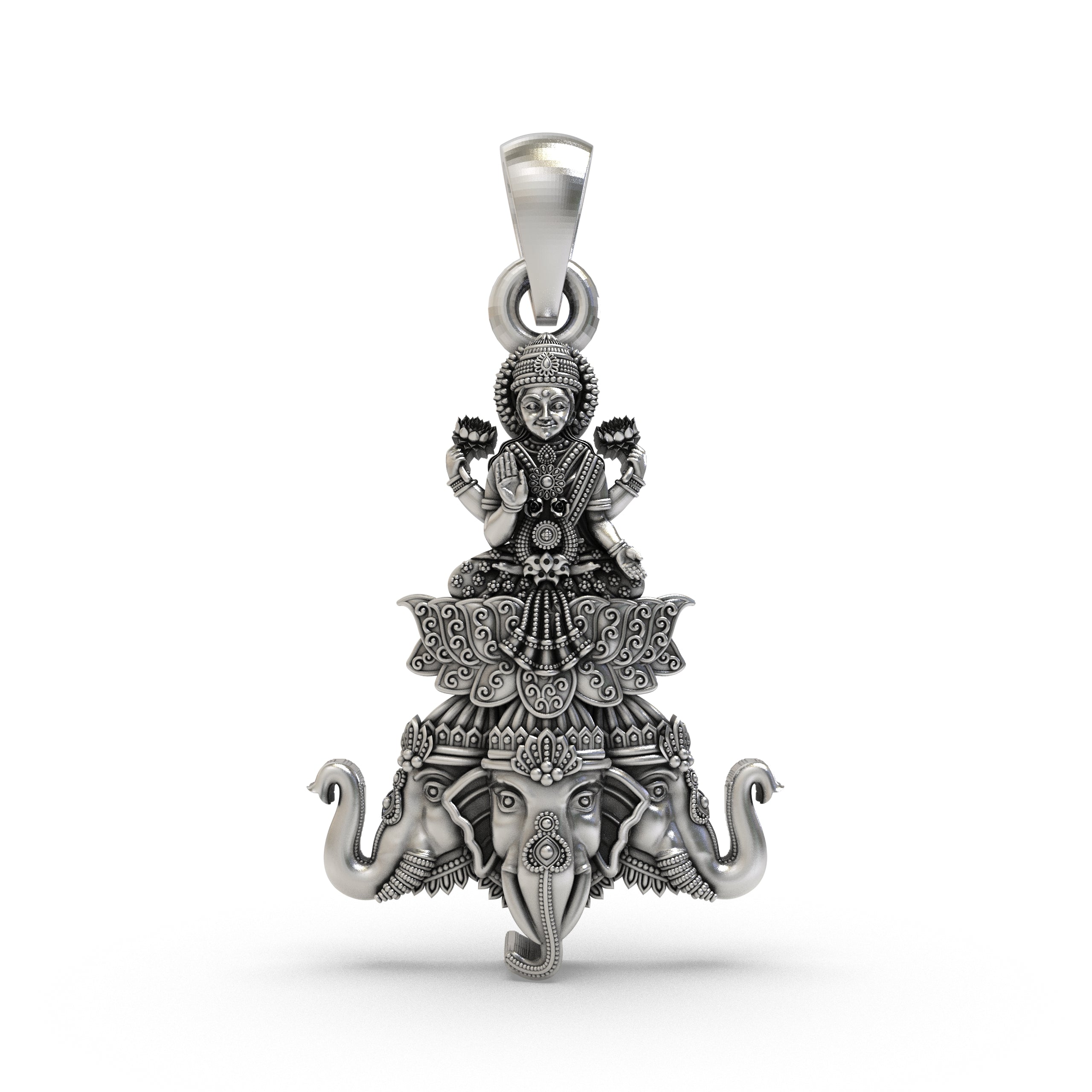 Lakshmi Maa on Airavata Pendant in 925 Sterling Silver | Goddess of Wealth & Prosperity | Handmade Hindu Spiritual Jewelry