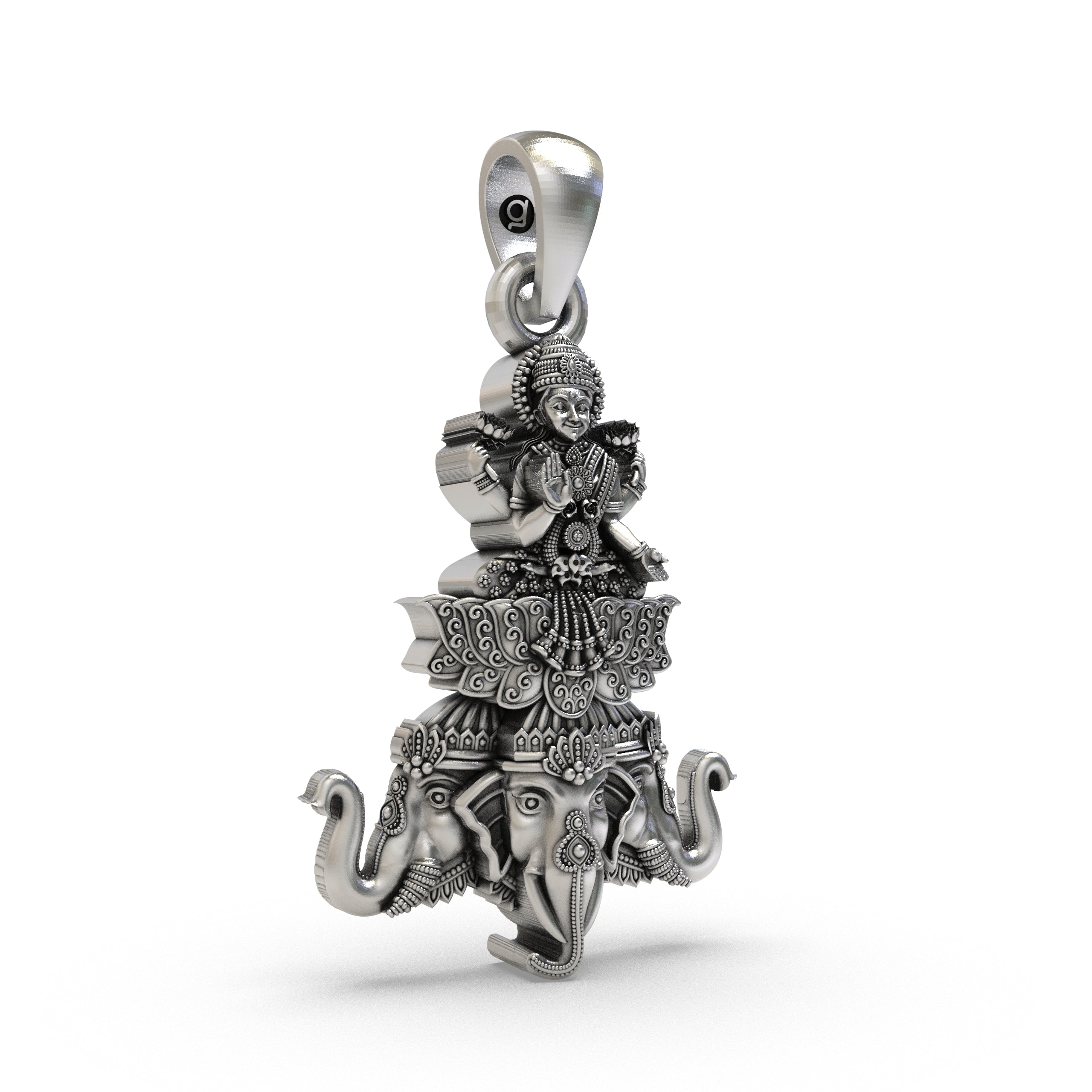 Lakshmi Maa on Airavata Pendant in 925 Sterling Silver | Goddess of Wealth & Prosperity | Handmade Hindu Spiritual Jewelry