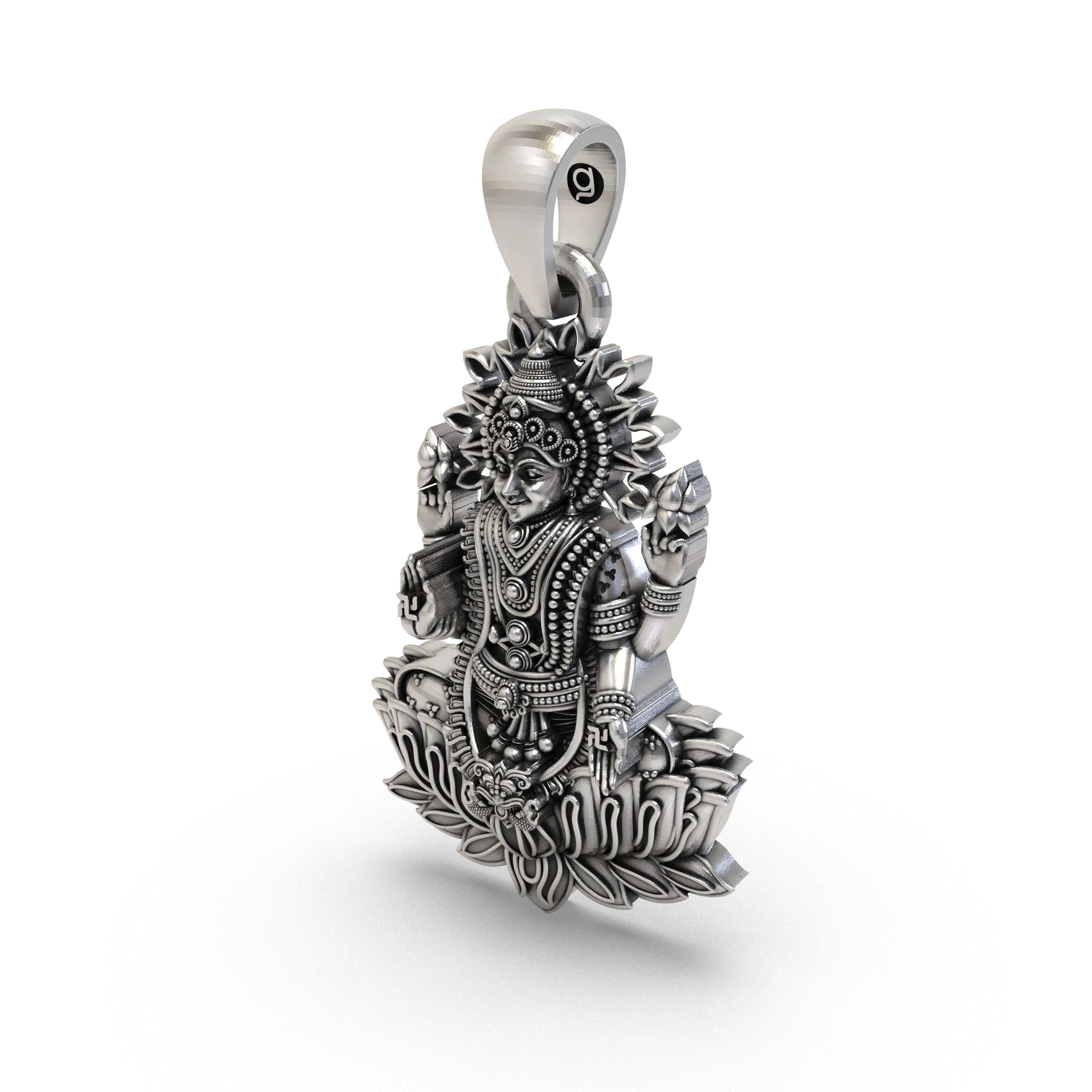 Lakshmi Maa Lotus Pendant in 925 Sterling Silver | Goddess of Wealth & Prosperity | Handmade Hindu Spiritual Jewelry
