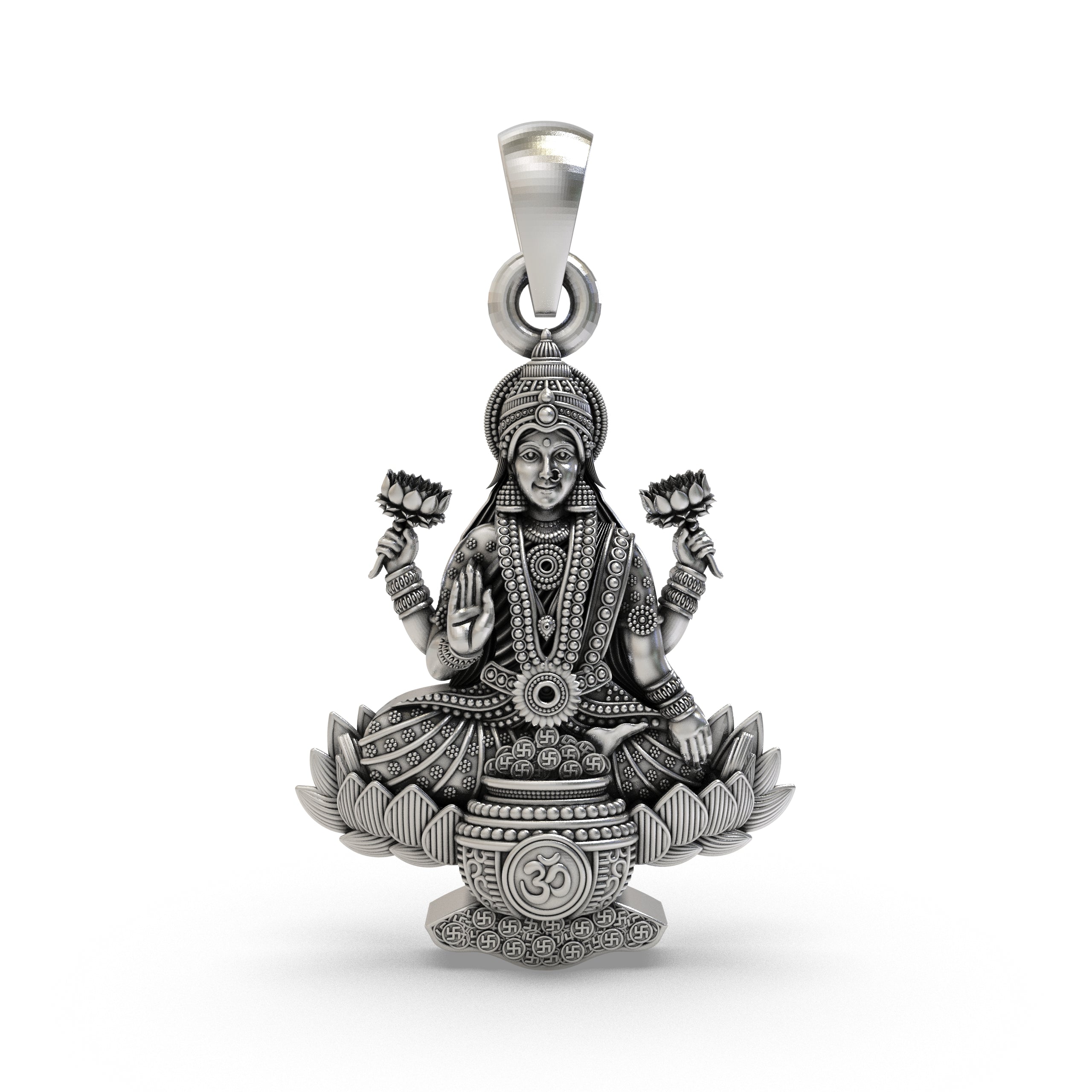Lakshmi Maa Lotus Pendant with Om Symbol in 925 Sterling Silver | Goddess of Wealth & Prosperity | Handmade Hindu Spiritual Jewelry