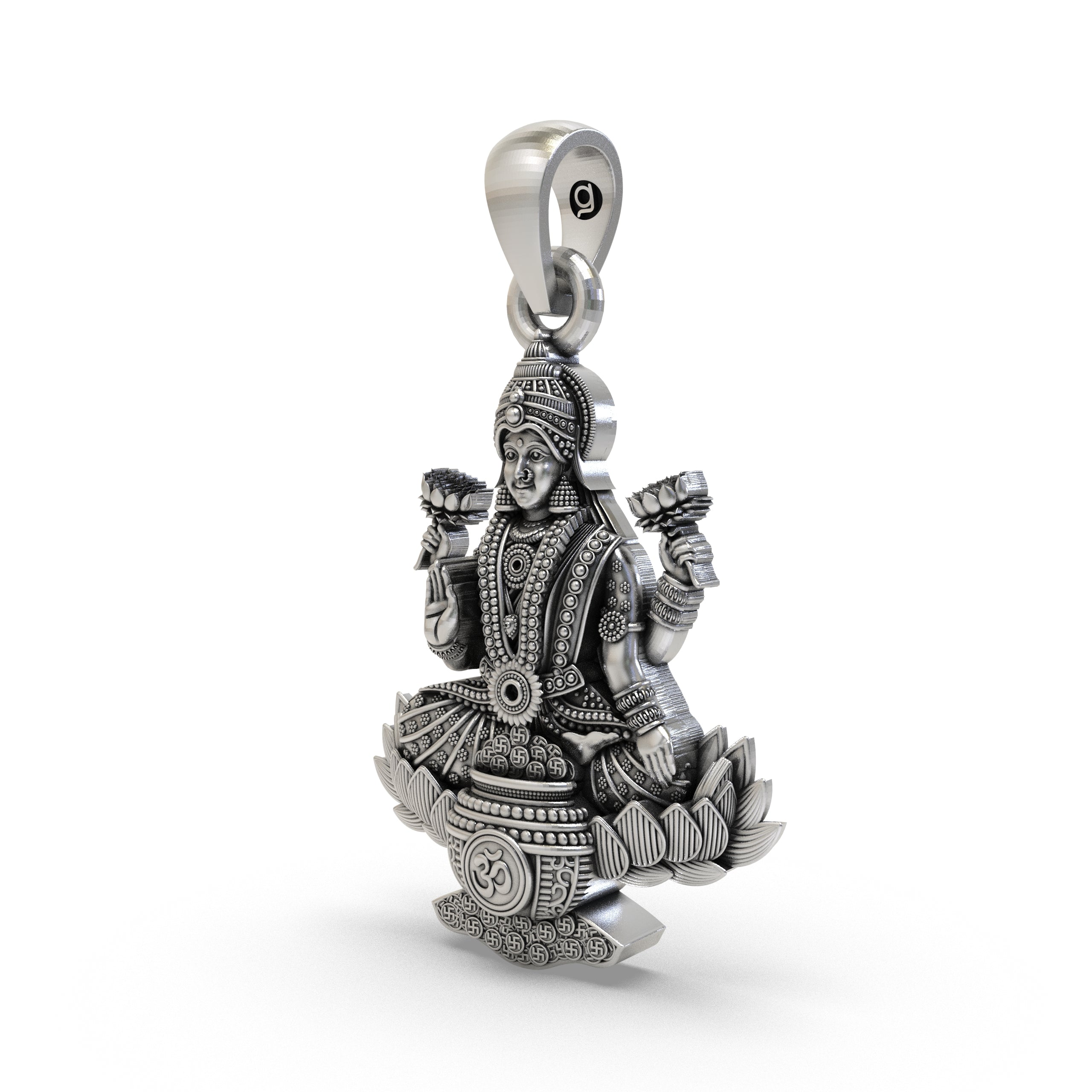 Lakshmi Maa Lotus Pendant with Om Symbol in 925 Sterling Silver | Goddess of Wealth & Prosperity | Handmade Hindu Spiritual Jewelry
