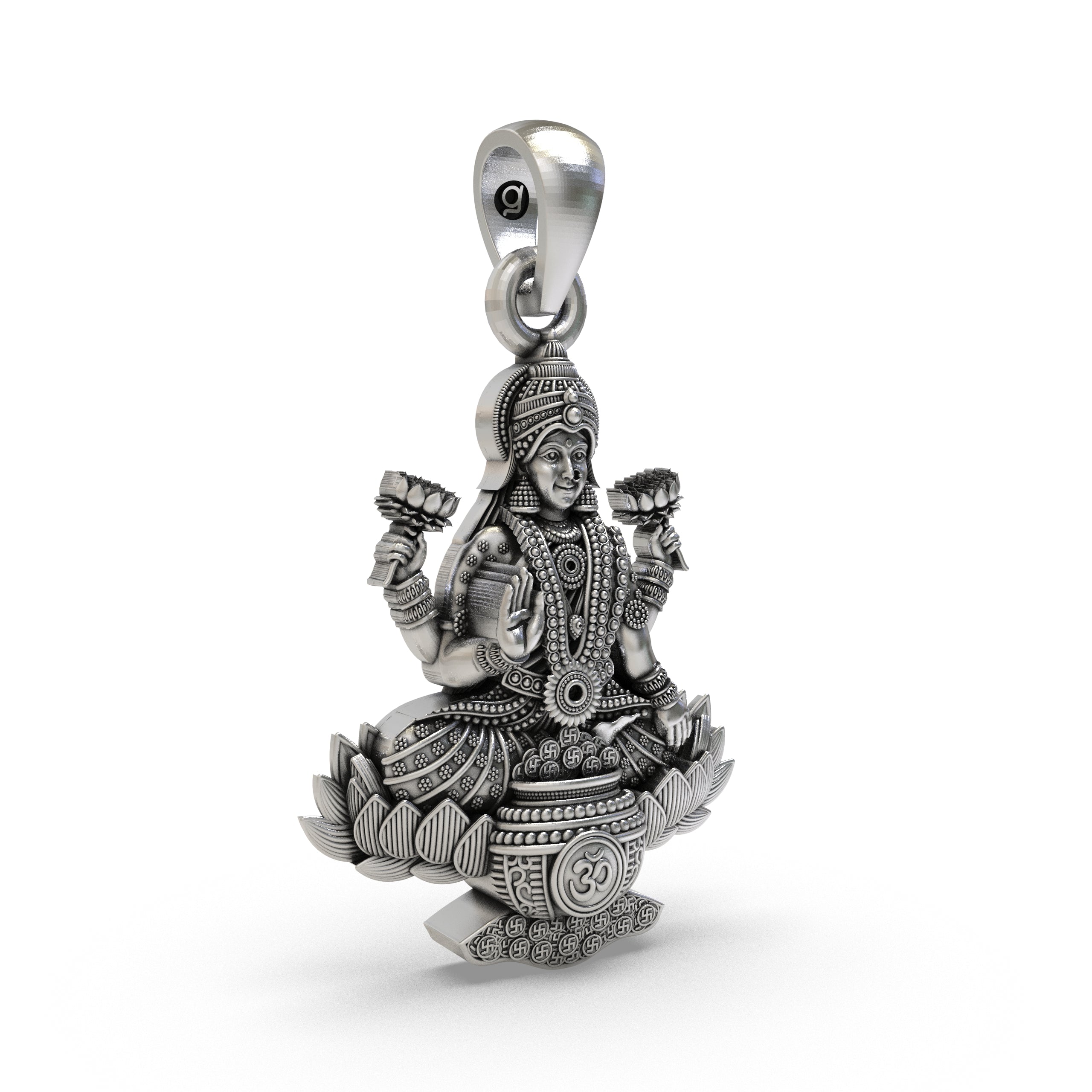 Lakshmi Maa Lotus Pendant with Om Symbol in 925 Sterling Silver | Goddess of Wealth & Prosperity | Handmade Hindu Spiritual Jewelry