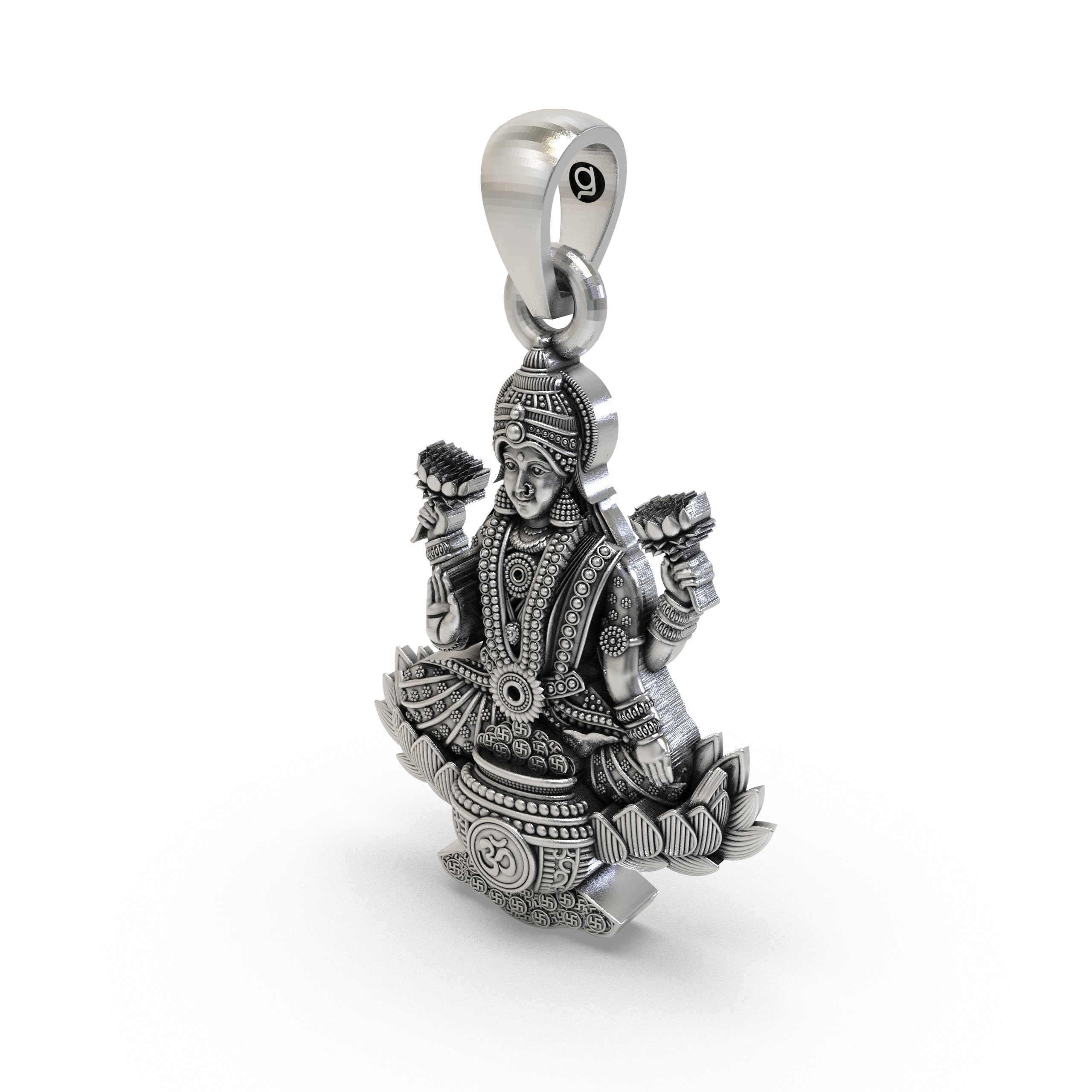 Lakshmi Maa Lotus Pendant with Om Symbol in 925 Sterling Silver | Goddess of Wealth & Prosperity | Handmade Hindu Spiritual Jewelry