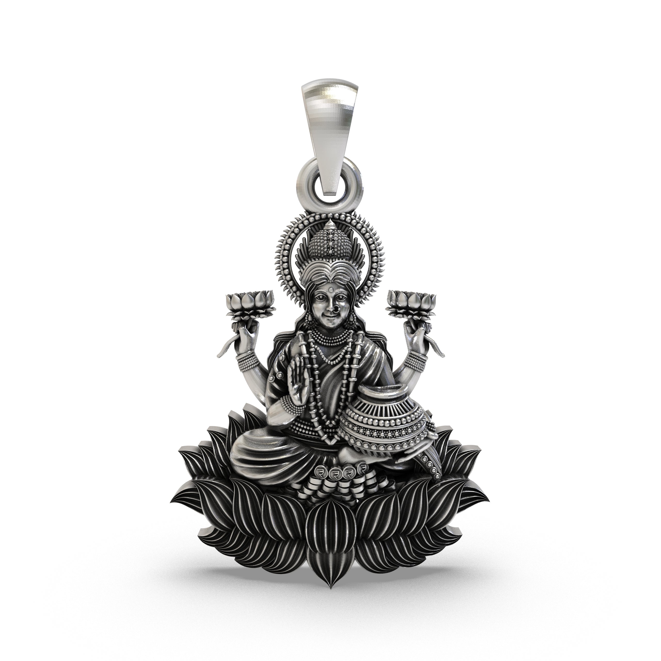 Lakshmi Maa Lotus Pendant in 925 Sterling Silver | Goddess of Wealth, Fortune & Prosperity | Handmade Hindu Spiritual Jewelry