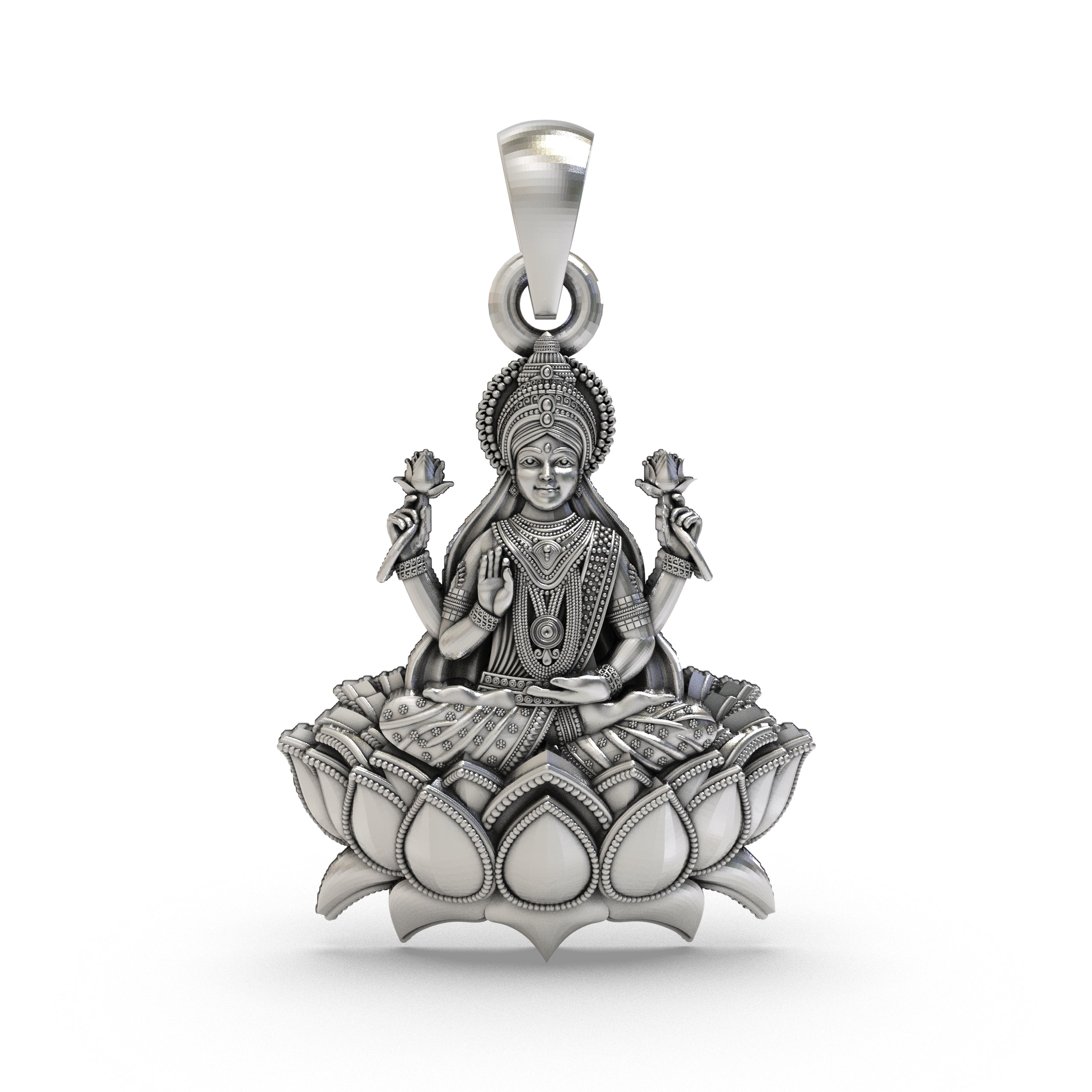 Lakshmi Maa Lotus Pendant in 925 Sterling Silver | Goddess of Wealth & Prosperity | Handmade Hindu Spiritual Jewelry