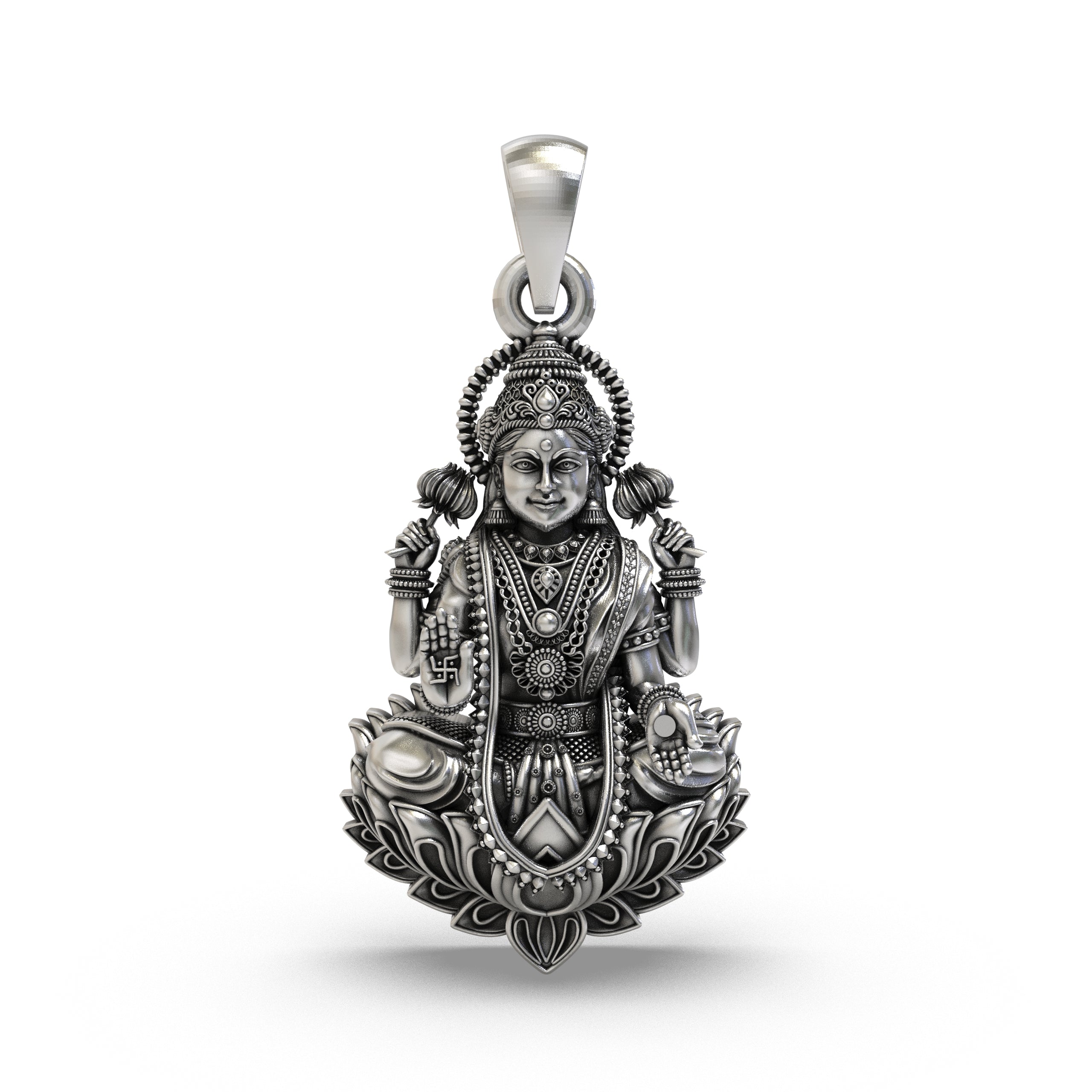 925 Sterling Silver Lakshmi Pendant — Goddess Mahalakshmi Lotus Idol, Handmade Temple Jewellery