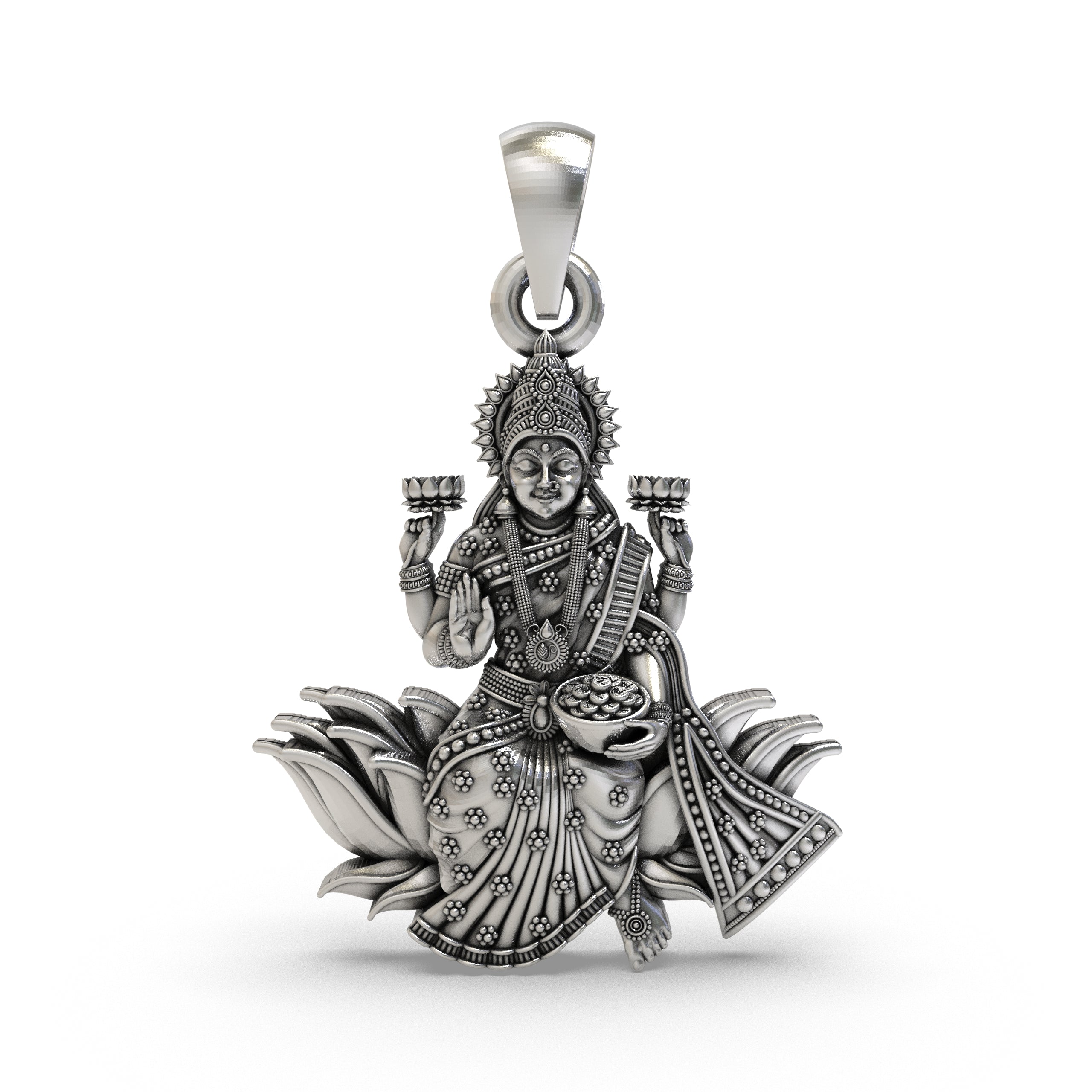 Lakshmi Maa Lotus Pendant in 925 Sterling Silver | Goddess of Wealth & Prosperity | Handmade Hindu Spiritual Jewelry