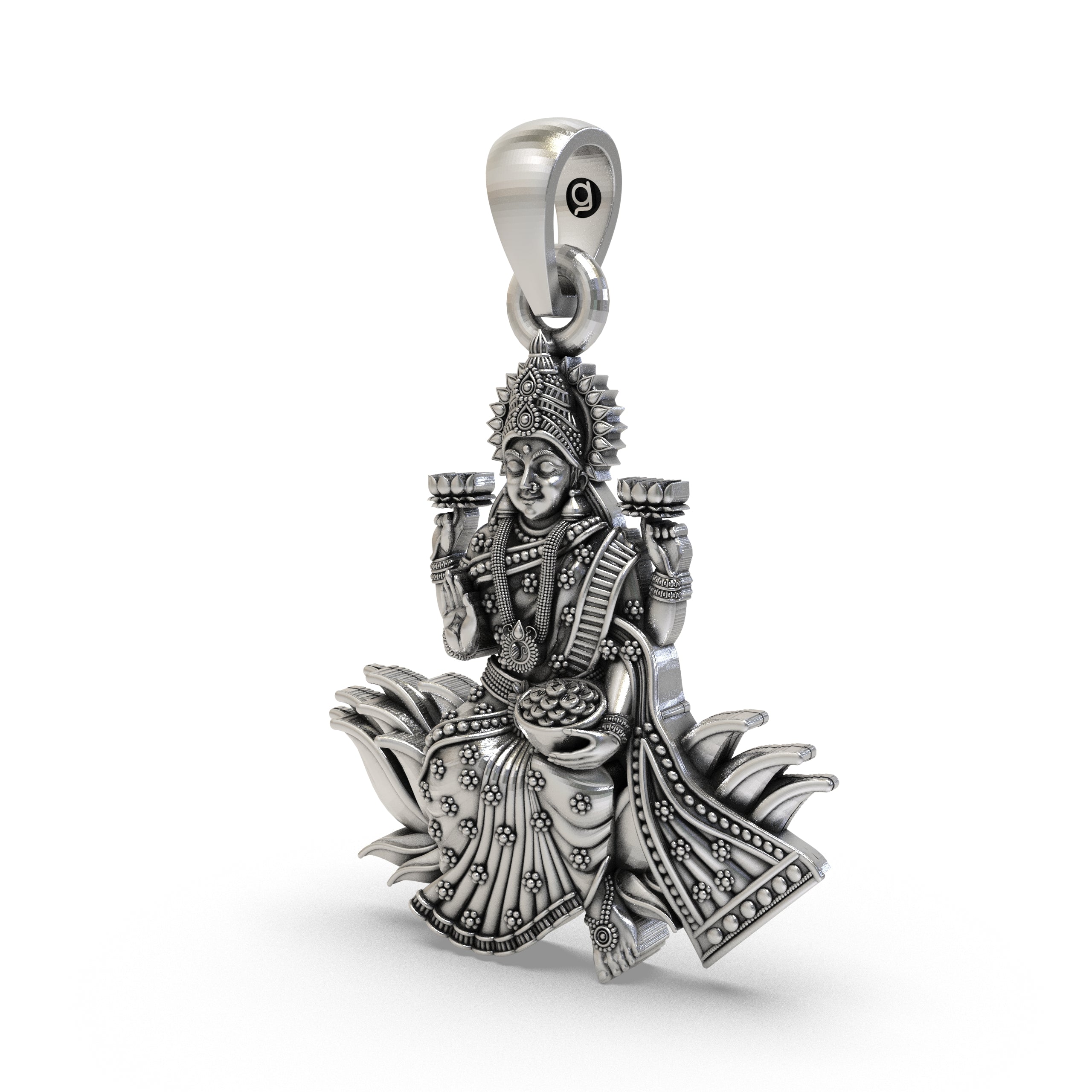 Lakshmi Maa Lotus Pendant in 925 Sterling Silver | Goddess of Wealth & Prosperity | Handmade Hindu Spiritual Jewelry