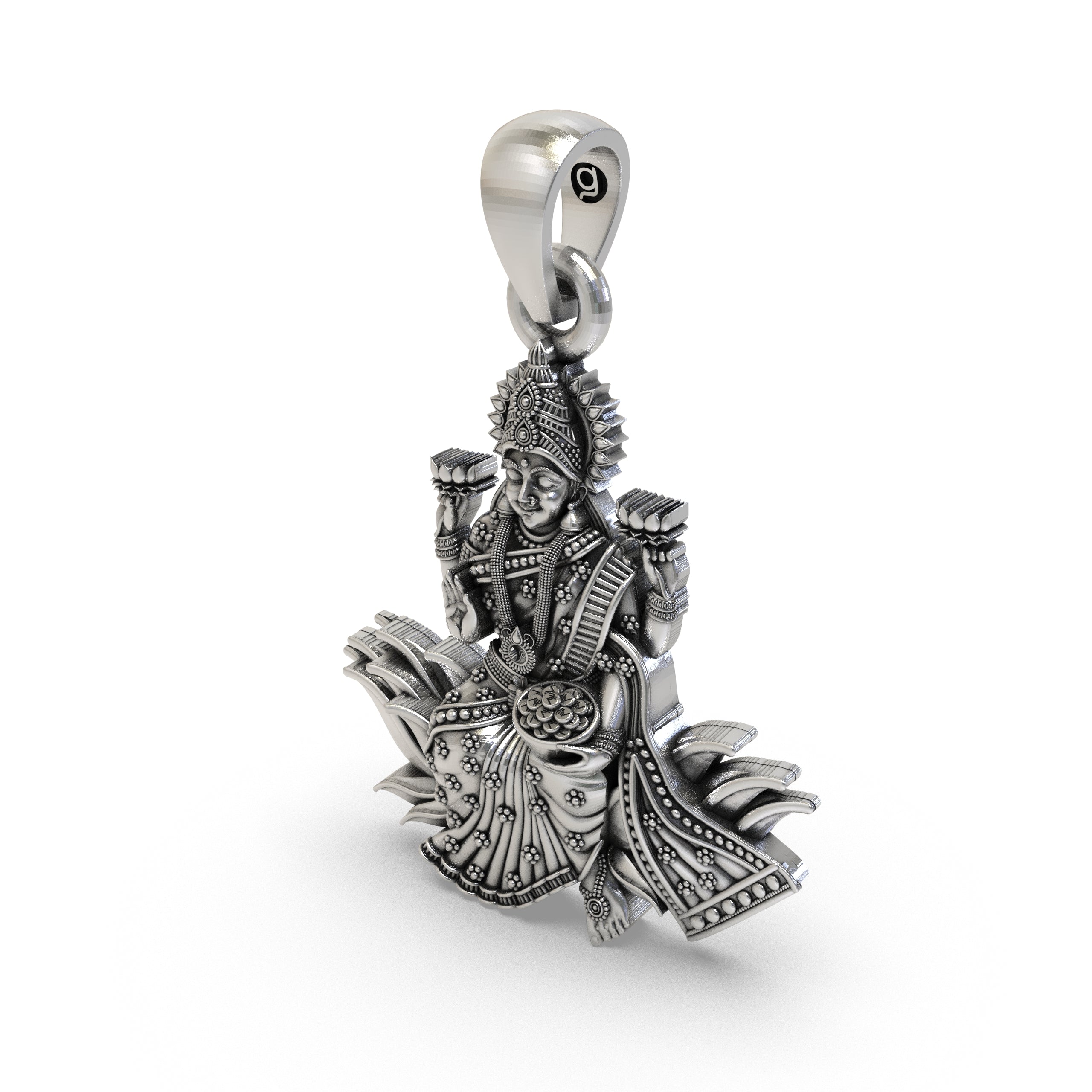 Lakshmi Maa Lotus Pendant in 925 Sterling Silver | Goddess of Wealth & Prosperity | Handmade Hindu Spiritual Jewelry