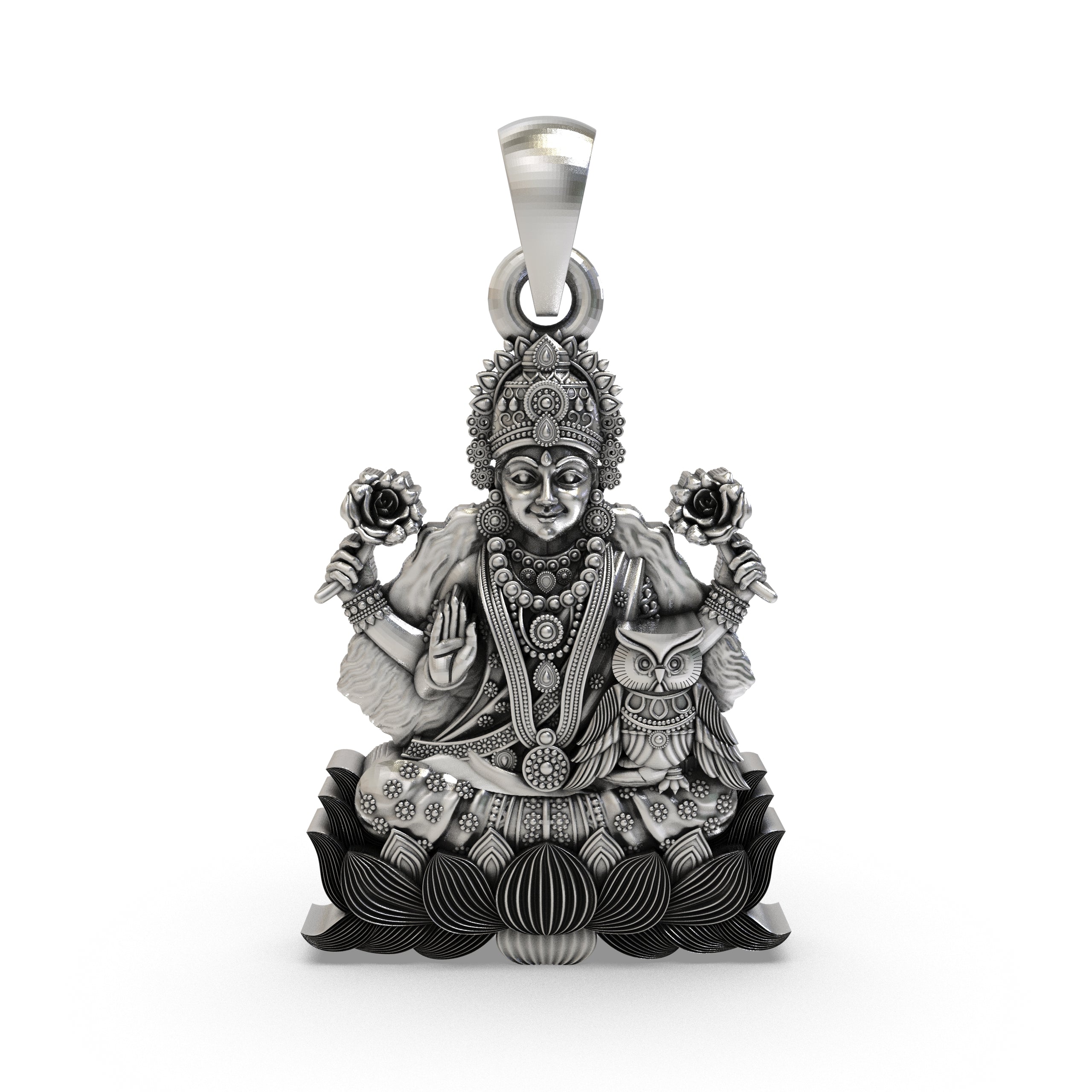 Lakshmi Maa with Owl Pendant in 925 Sterling Silver | Goddess of Wealth & Prosperity | Handmade Hindu Spiritual Jewelry
