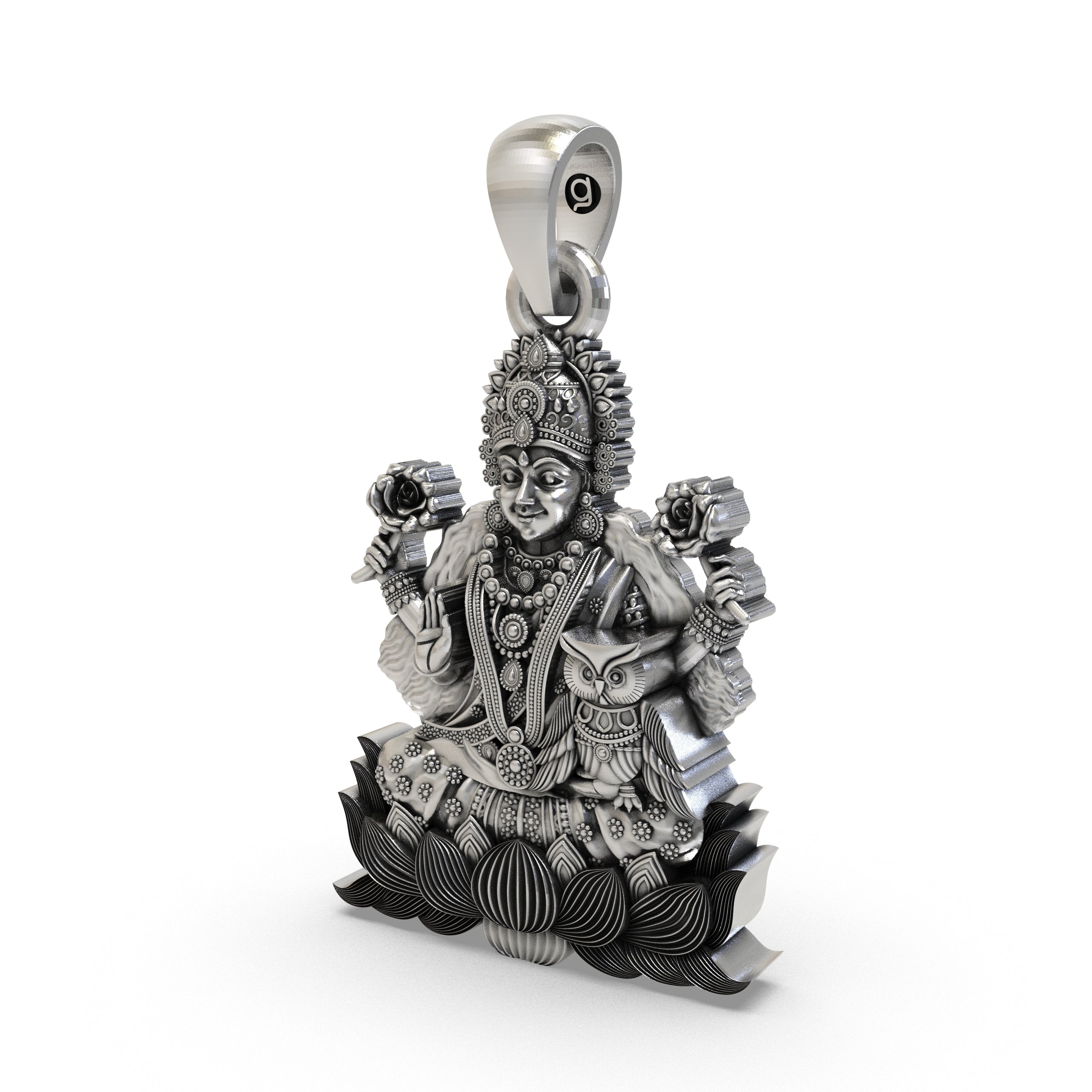 Lakshmi Maa with Owl Pendant in 925 Sterling Silver | Goddess of Wealth & Prosperity | Handmade Hindu Spiritual Jewelry