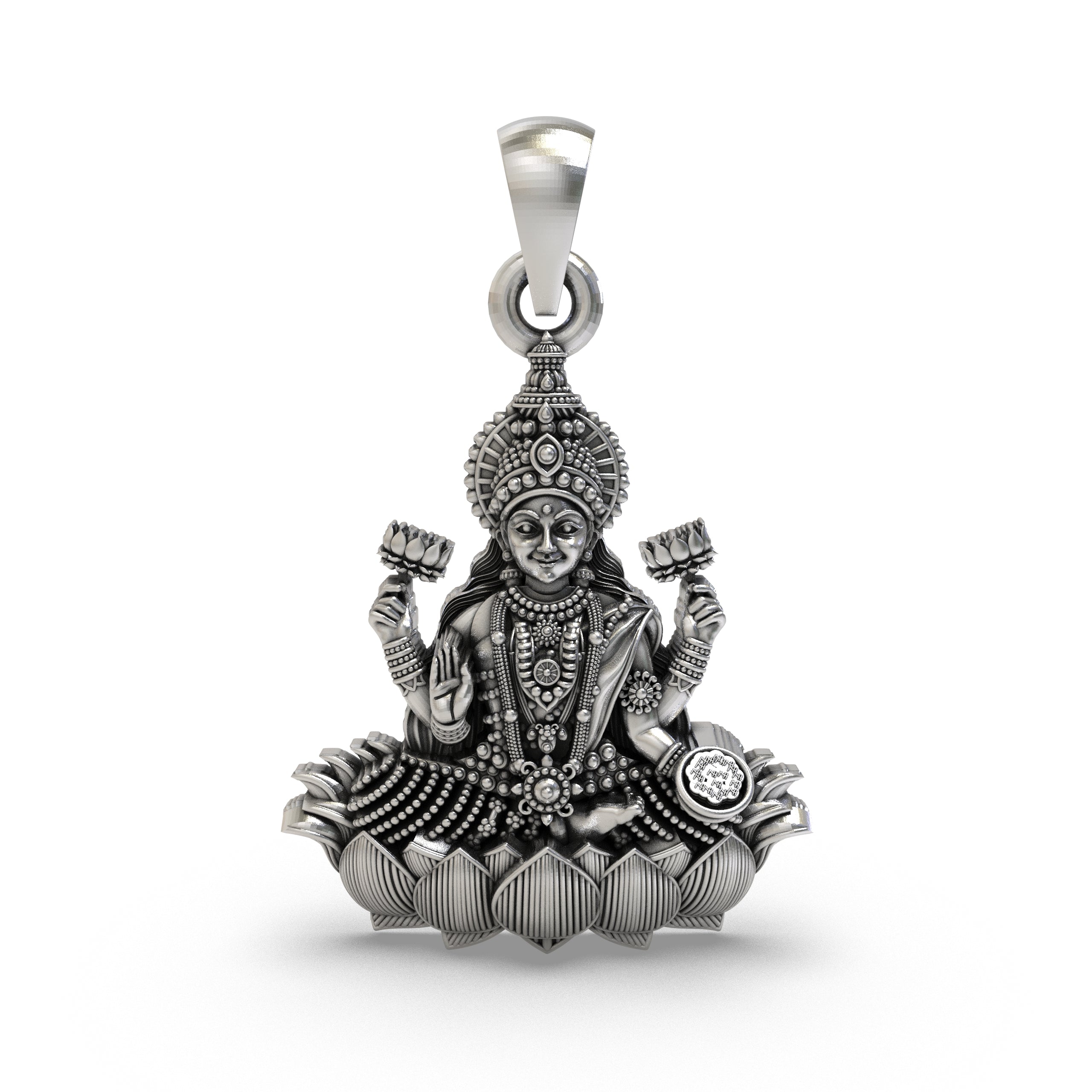 Lakshmi Maa Lotus Pendant in 925 Sterling Silver | Goddess of Wealth, Fortune & Prosperity | Handmade Hindu Spiritual Jewelry