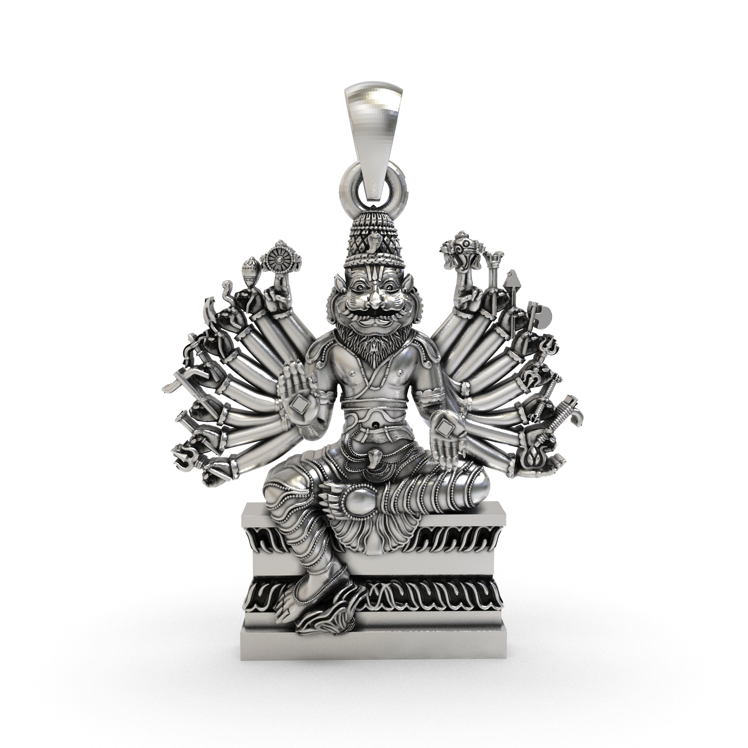 925 Sterling Silver Narasimha Pendant — Ugra Multi-Armed Avatar of Vishnu, Handmade Temple Jewellery