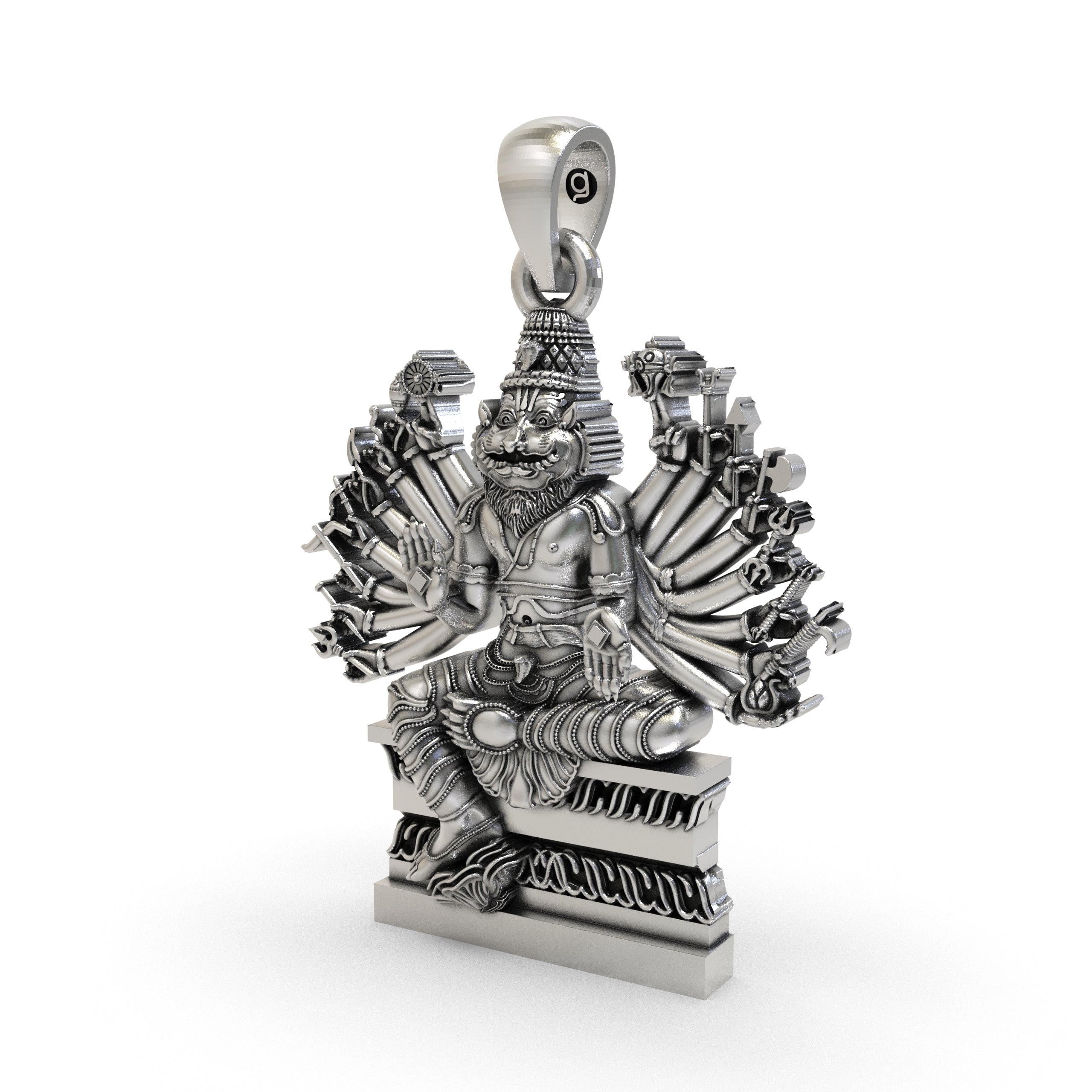 925 Sterling Silver Narasimha Pendant — Ugra Multi-Armed Avatar of Vishnu, Handmade Temple Jewellery