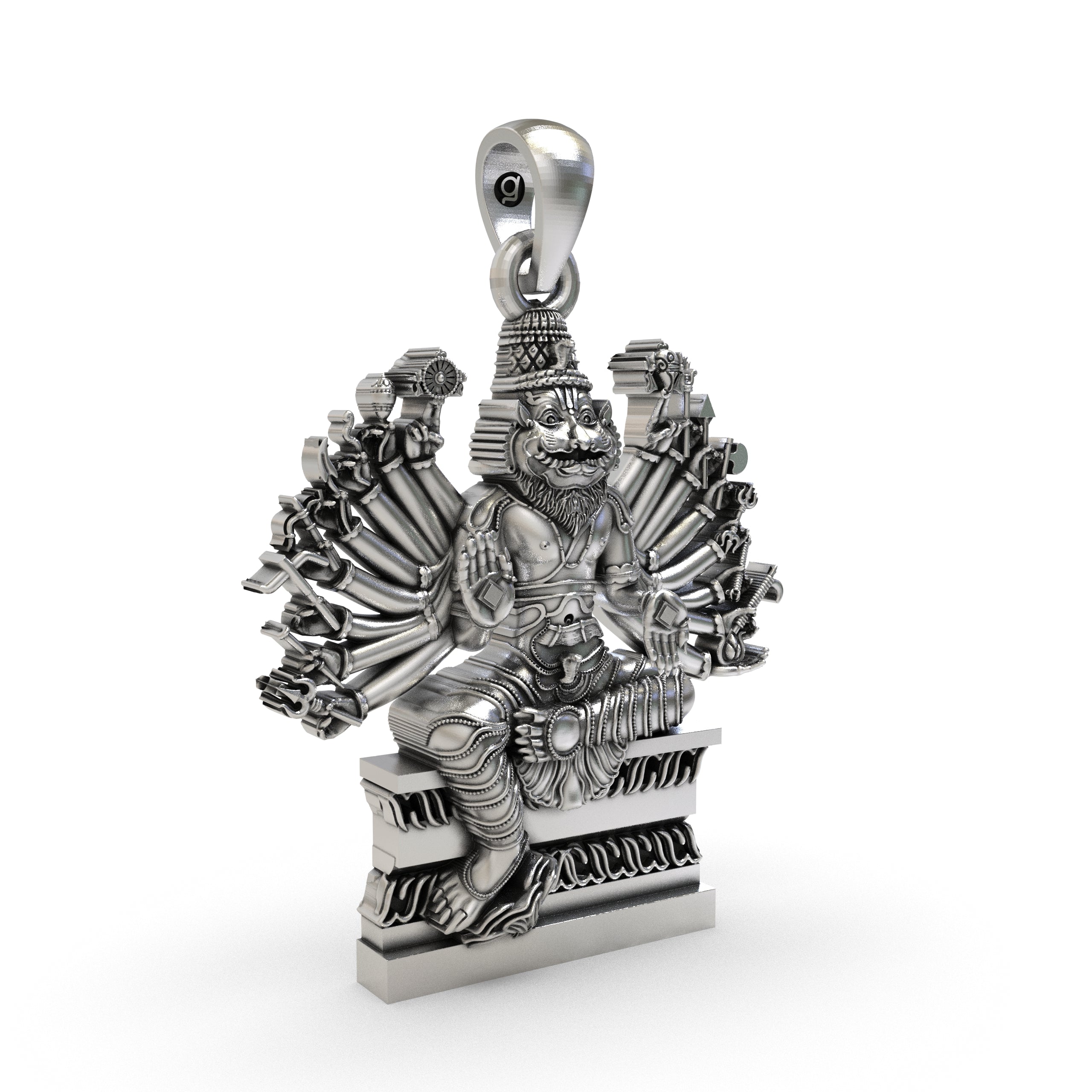 925 Sterling Silver Narasimha Pendant — Ugra Multi-Armed Avatar of Vishnu, Handmade Temple Jewellery